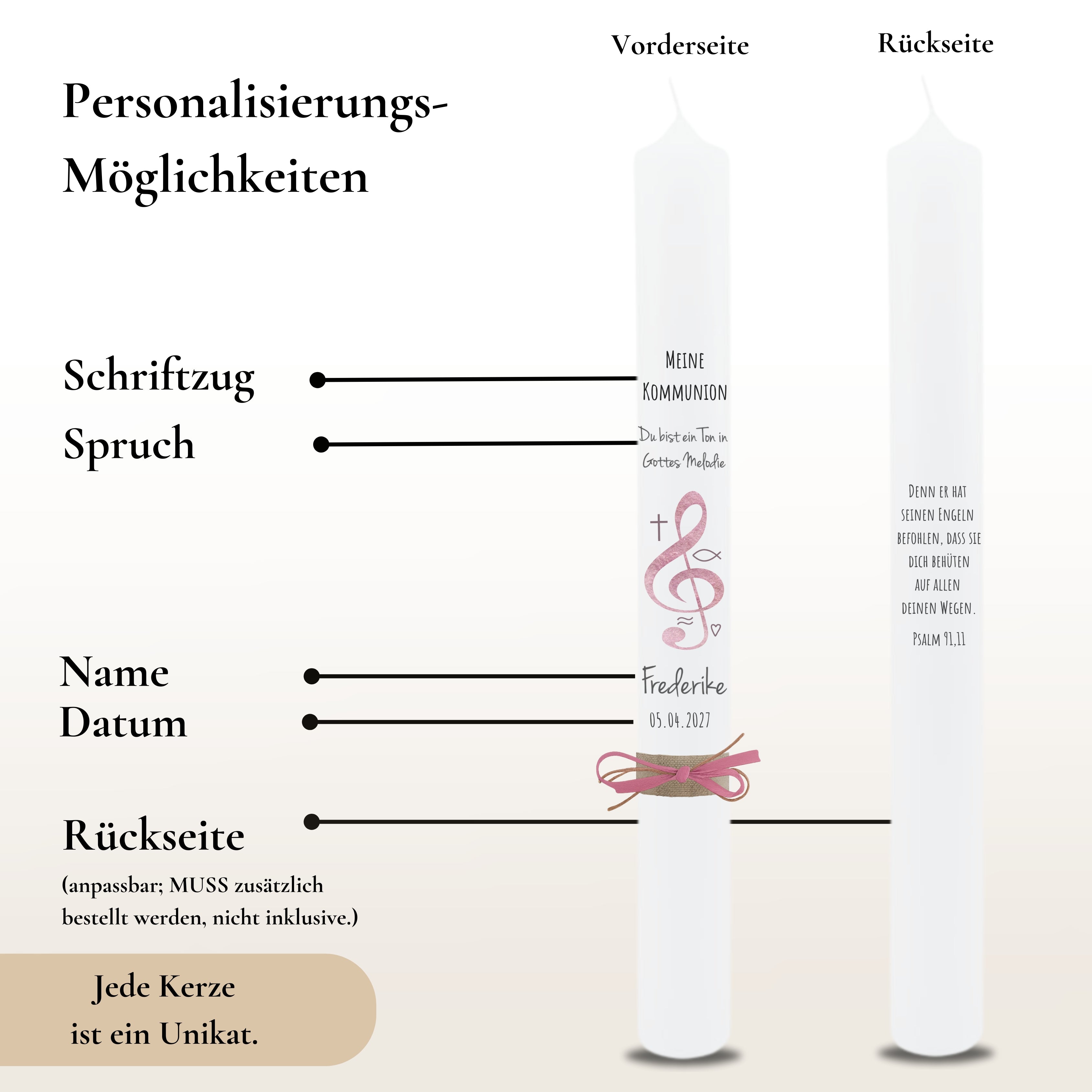 Kommunionkerze Notenschlüssel rosa – Ansicht 3