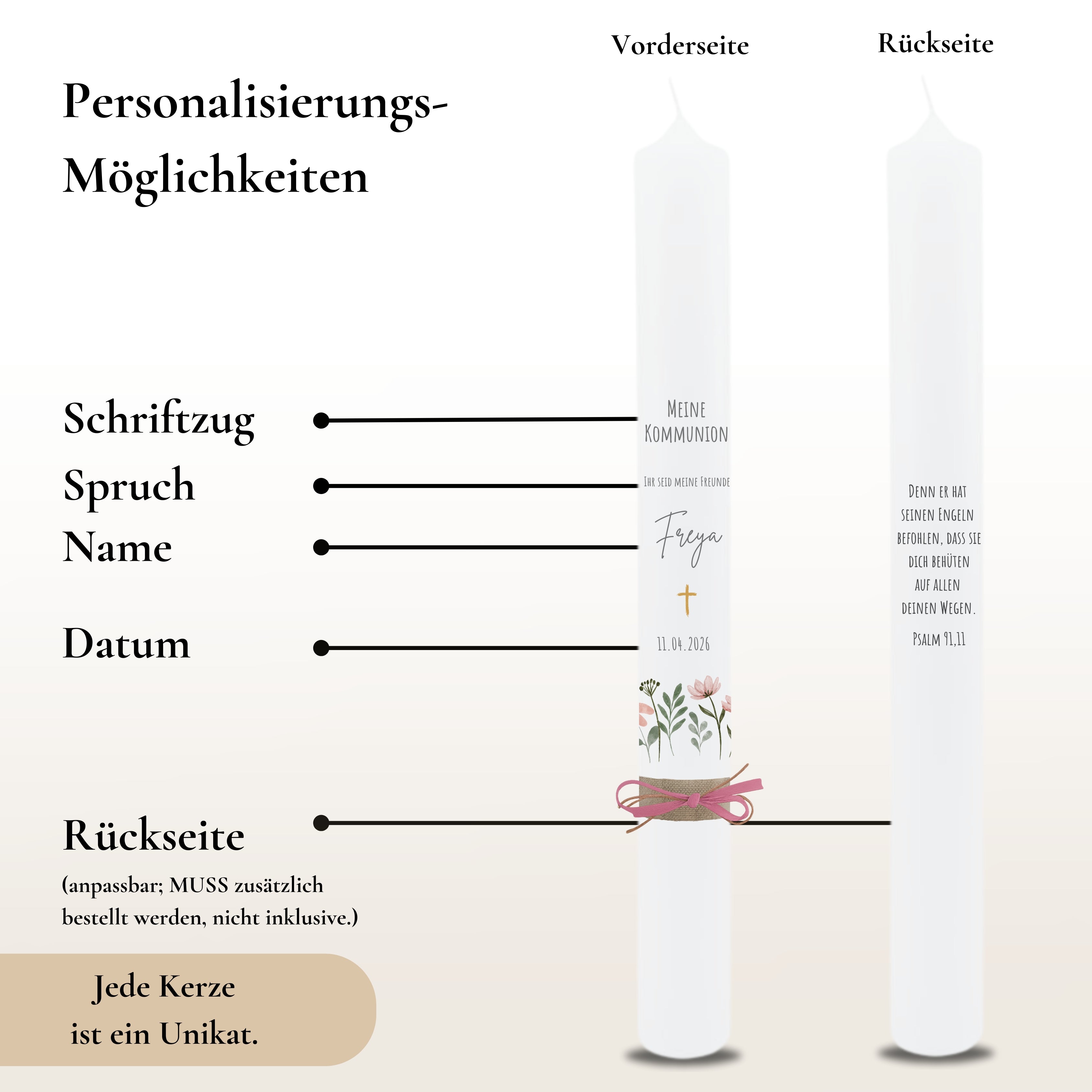 Kommunionkerze Wildblumen rosa – Ansicht 3