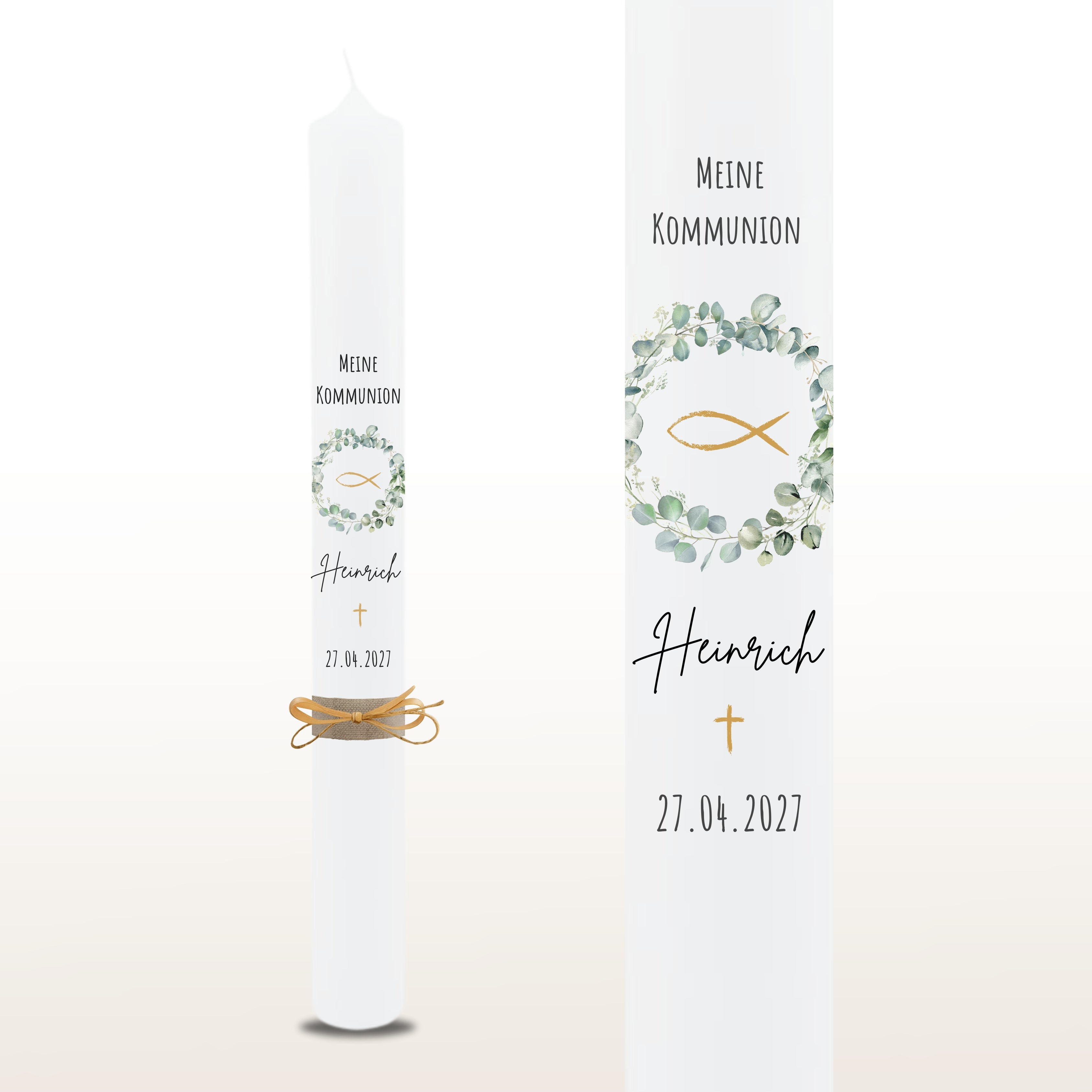Kommunionkerze Kranz und Fisch Eukalyptus, personalisiert