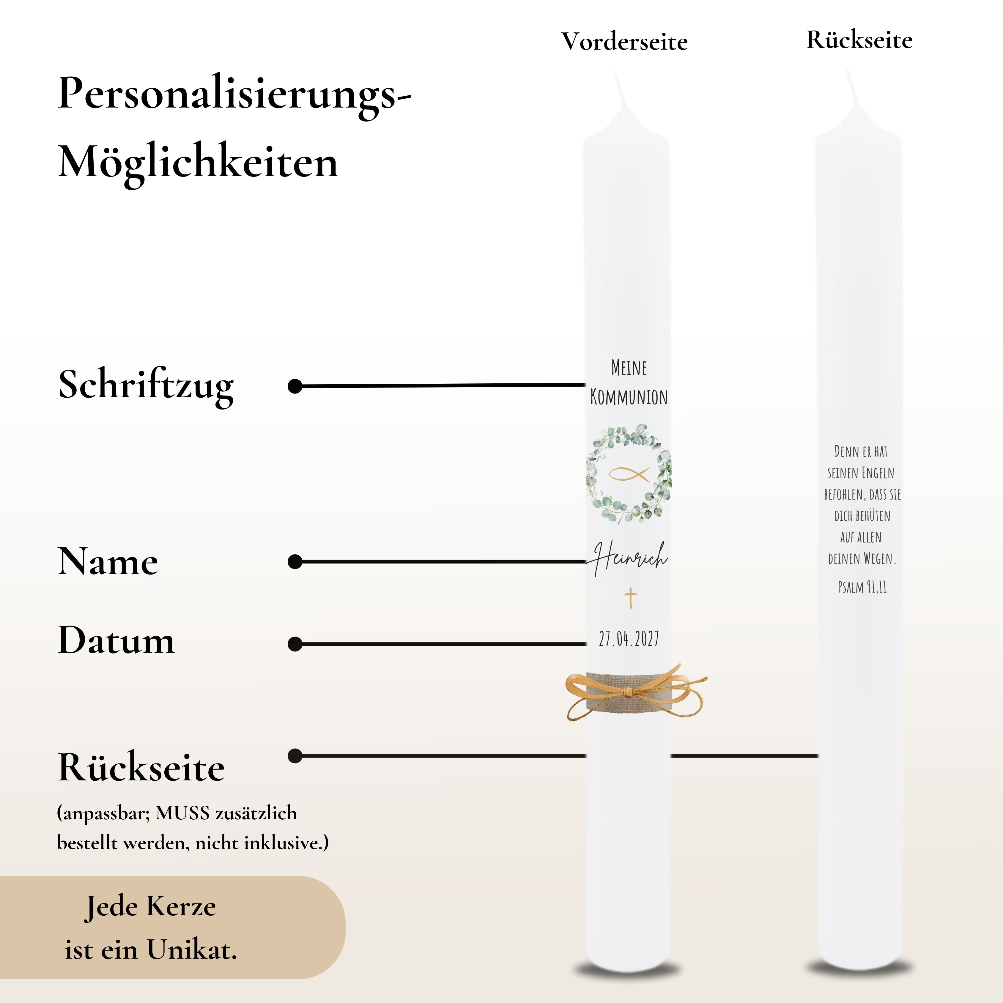 Kommunionkerze Kranz und Fisch Eukalyptus – Ansicht 3