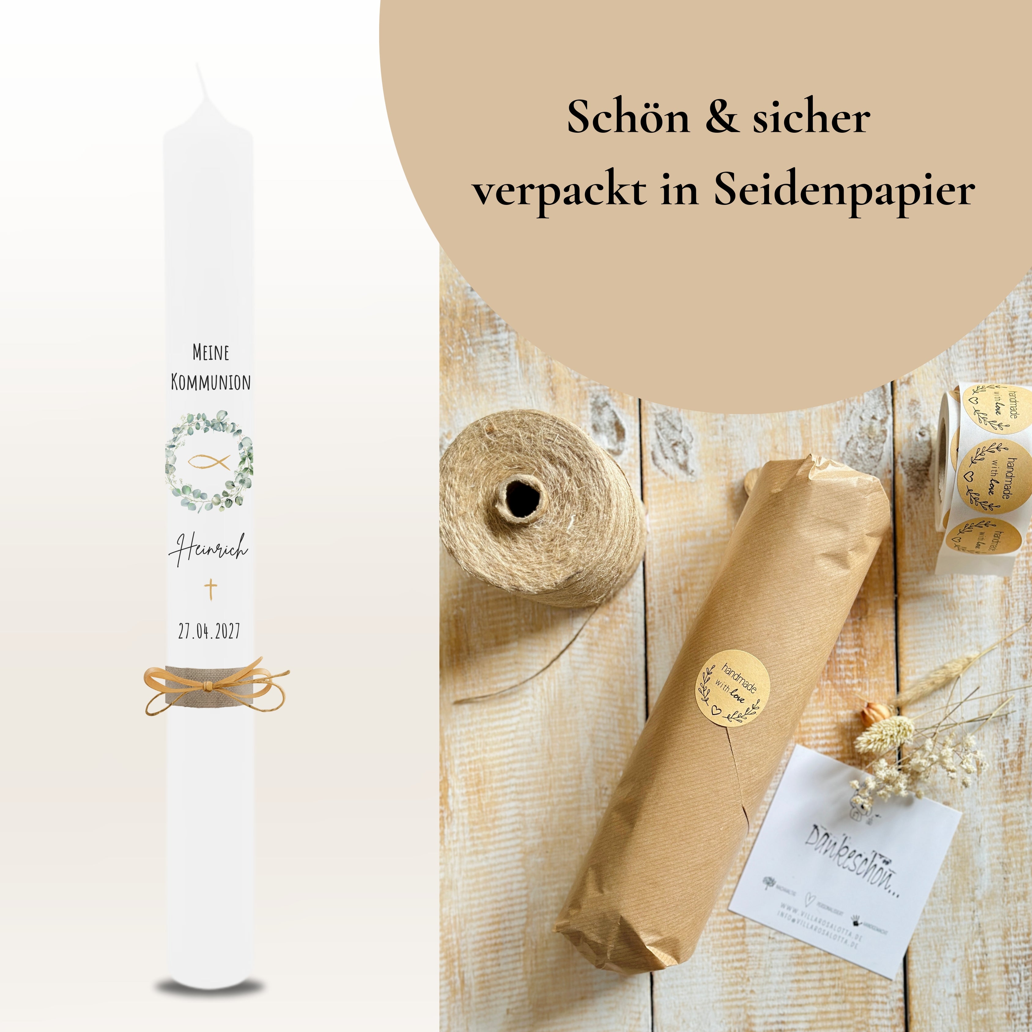 Kommunionkerze Kranz und Fisch Eukalyptus – Ansicht 7