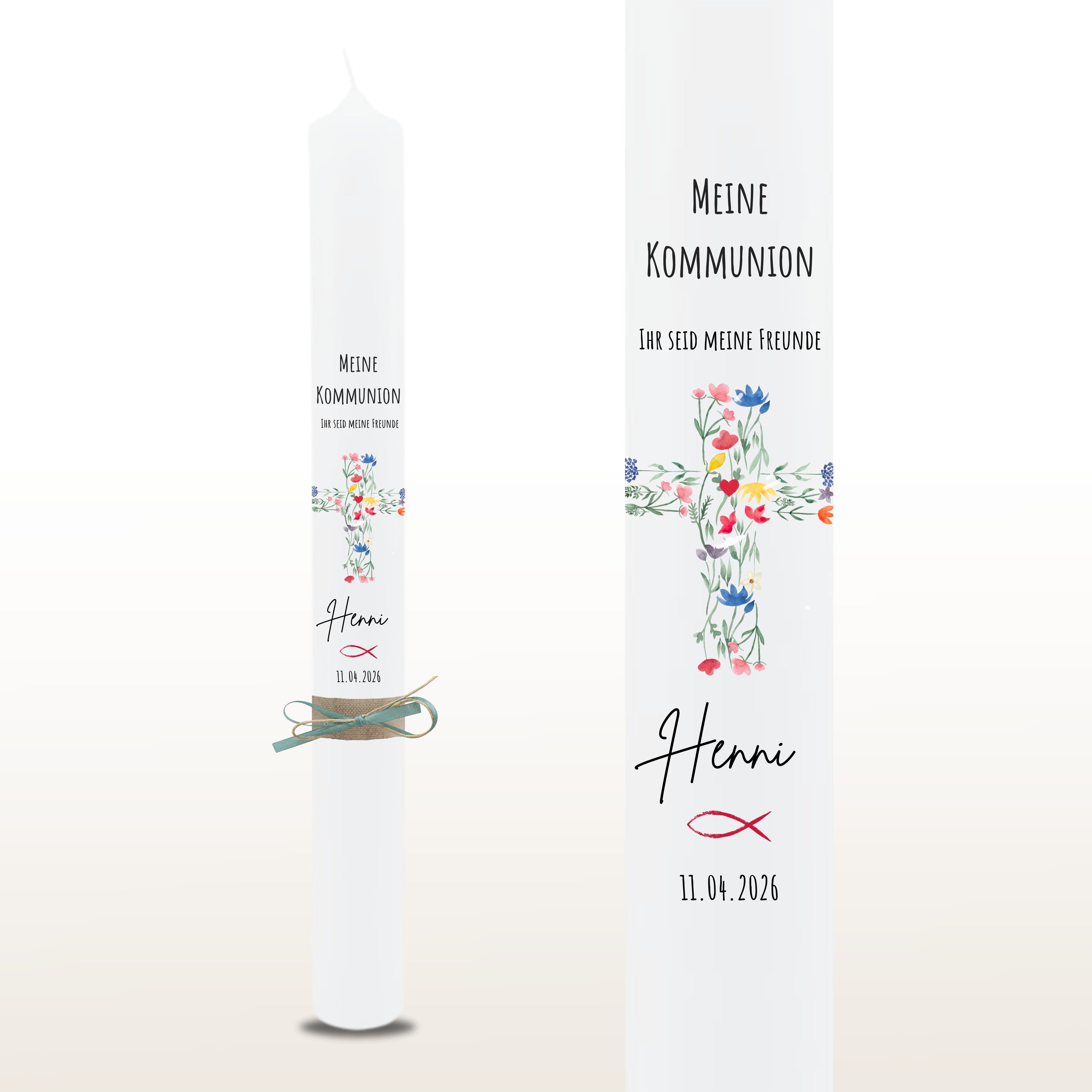 Kommunionkerze Lebensbaum Symbole rosa, personalisiert