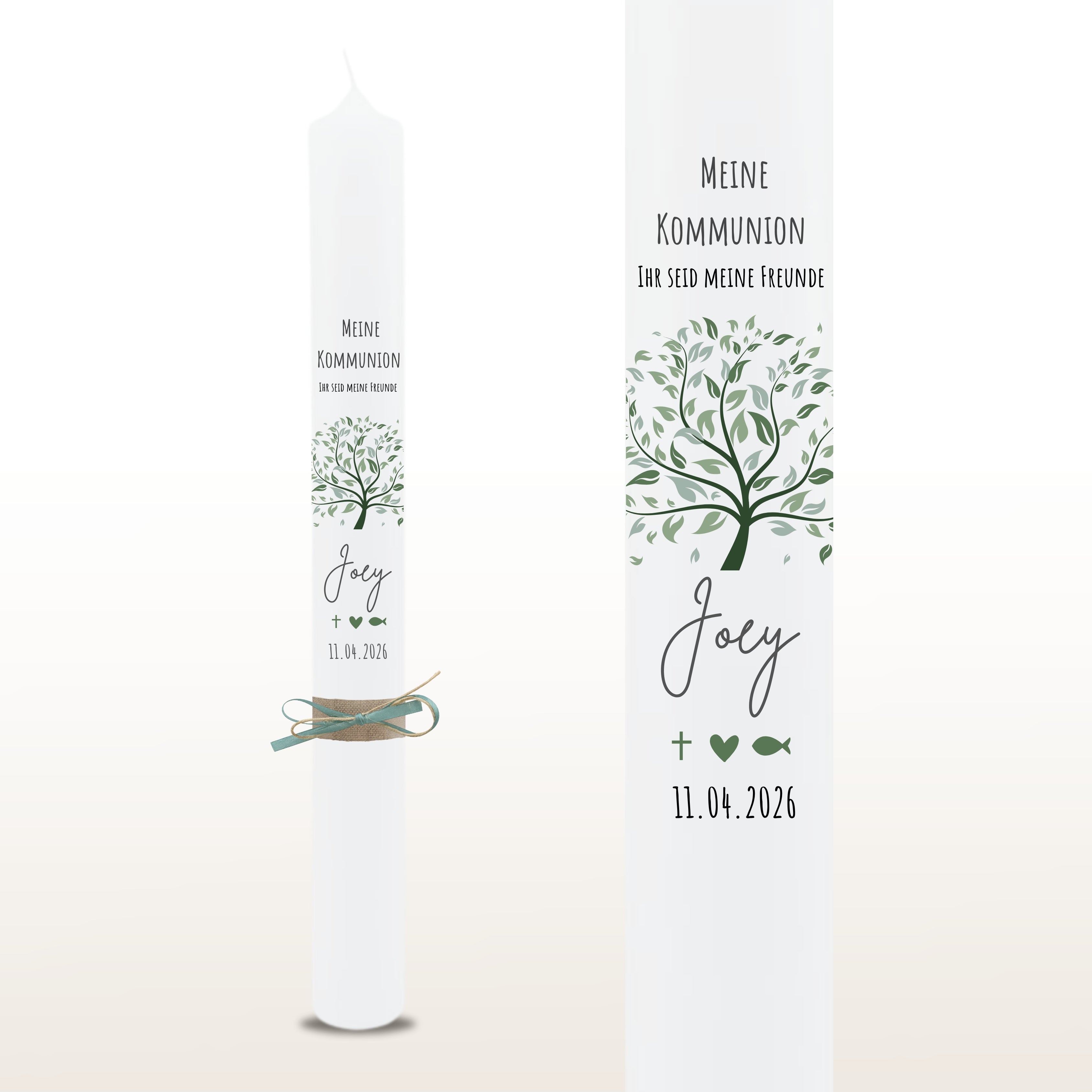 Kommunionkerze Lebensbaum Symbole grün, personalisiert