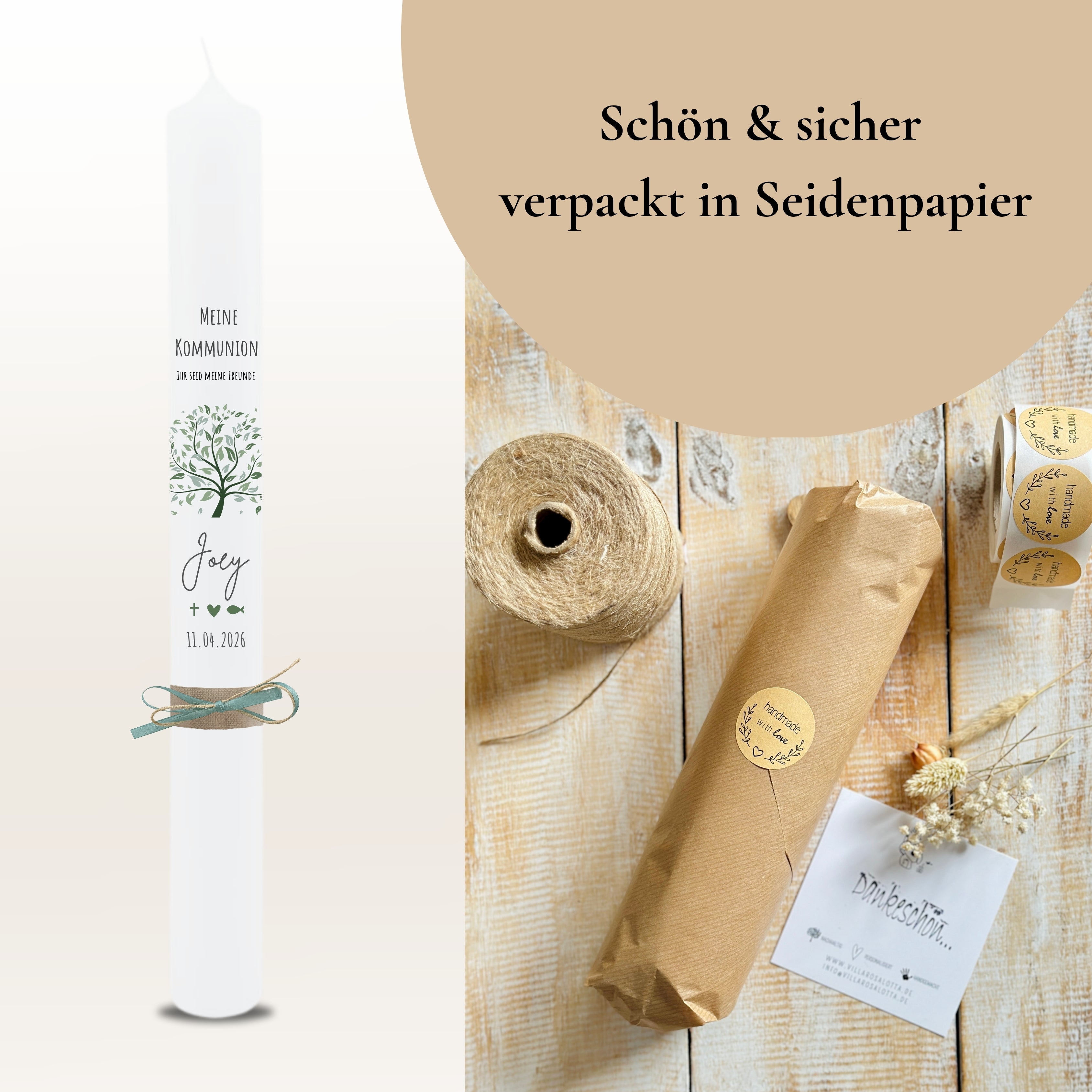 Kommunionkerze Lebensbaum Symbole grün – Ansicht 7