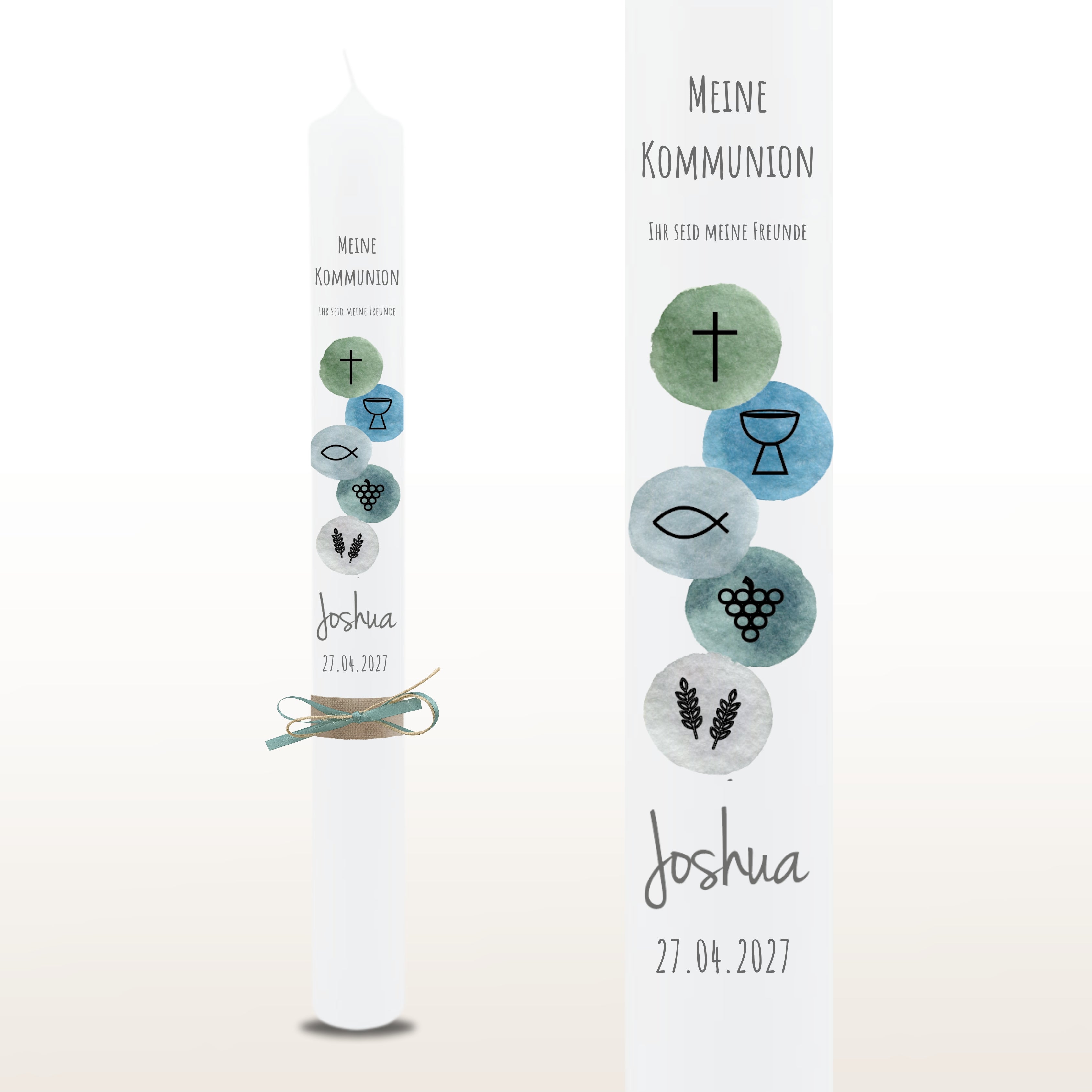 Kommunionkerze Symbole grau, personalisiert
