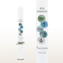 Lade das Bild in den Galerie-Viewer, Kommunionkerze &quot;Konstantin&quot; christliche Symbole - personalisiert
