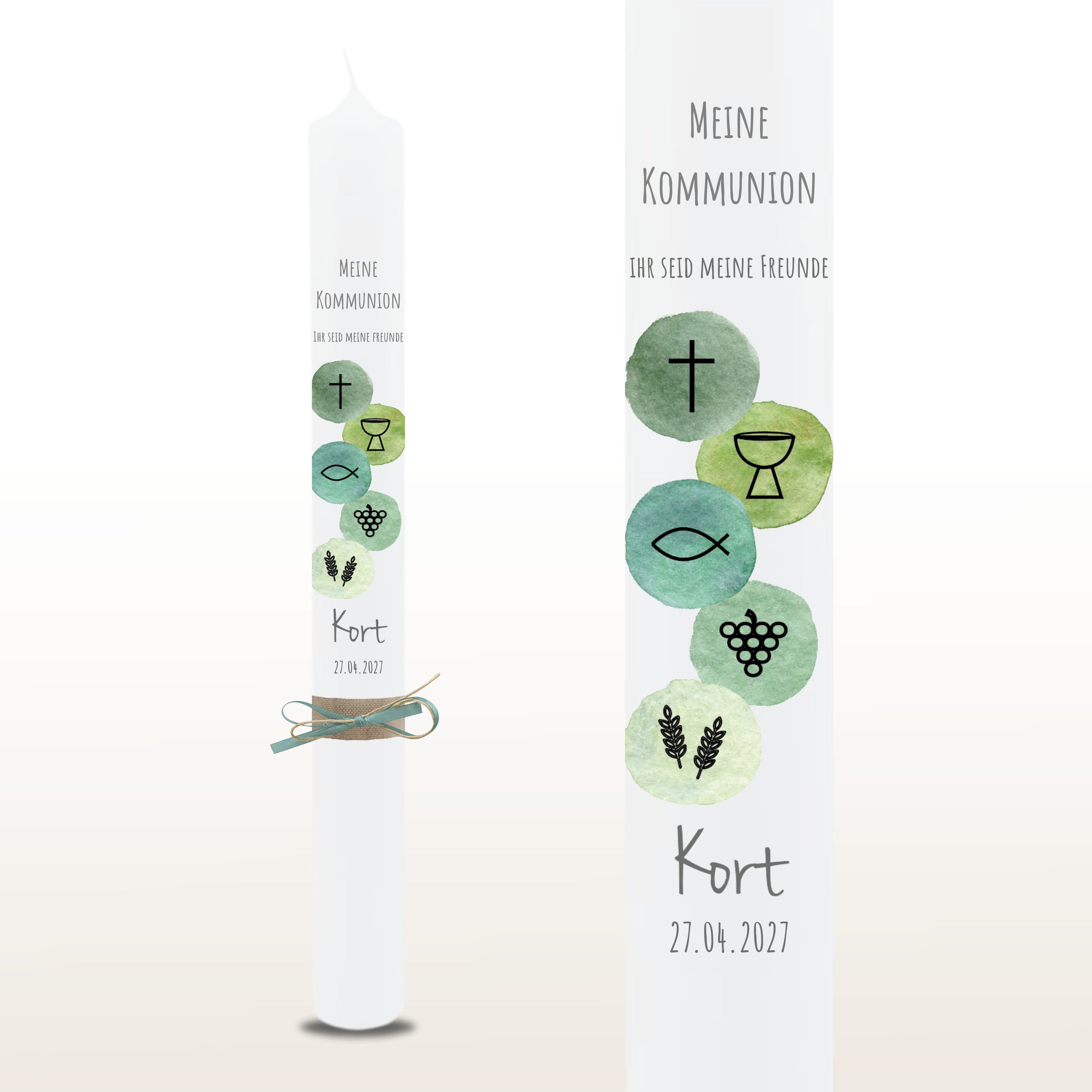 Kommunionkerze Symbole aqua, personalisiert