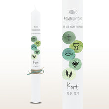 Load image into Gallery viewer, Kommunionkerze Symbole aqua, personalisiert
