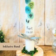 Load image into Gallery viewer, Kommunionkerze Symbole aqua – Ansicht 4
