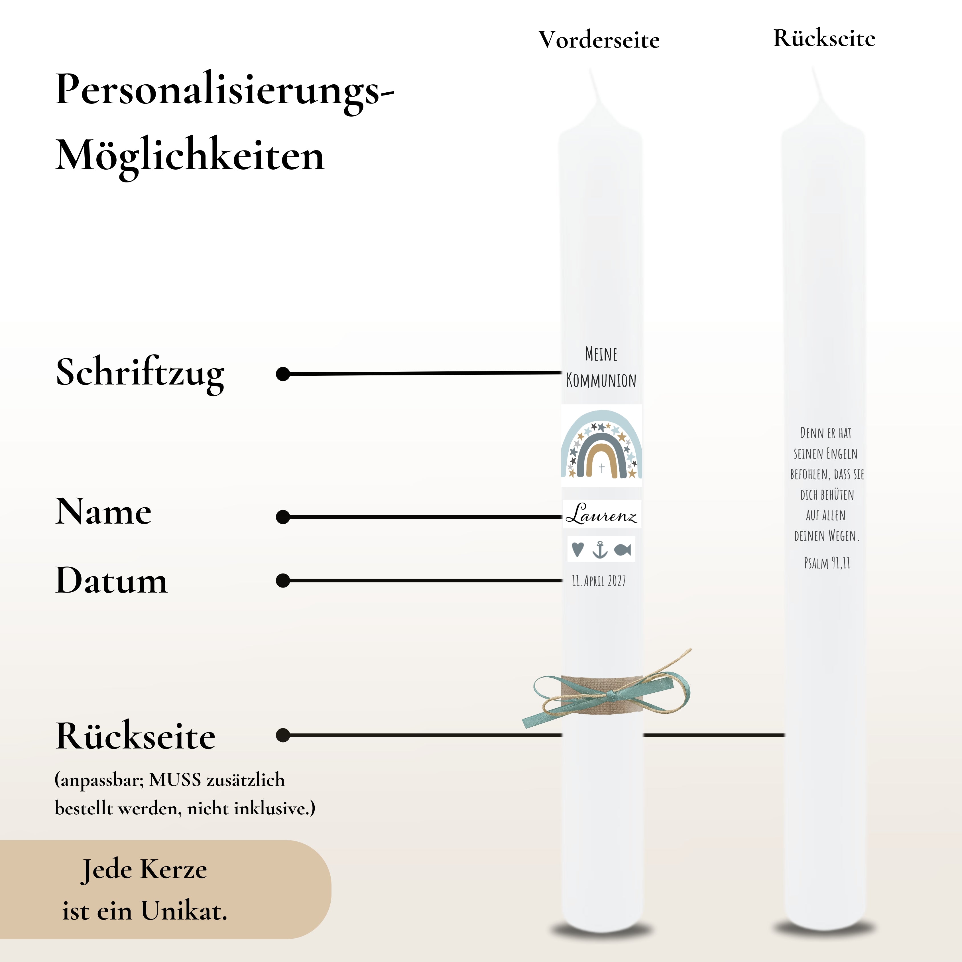 Kommunionkerze Regenbogen Sterne blau – Ansicht 3