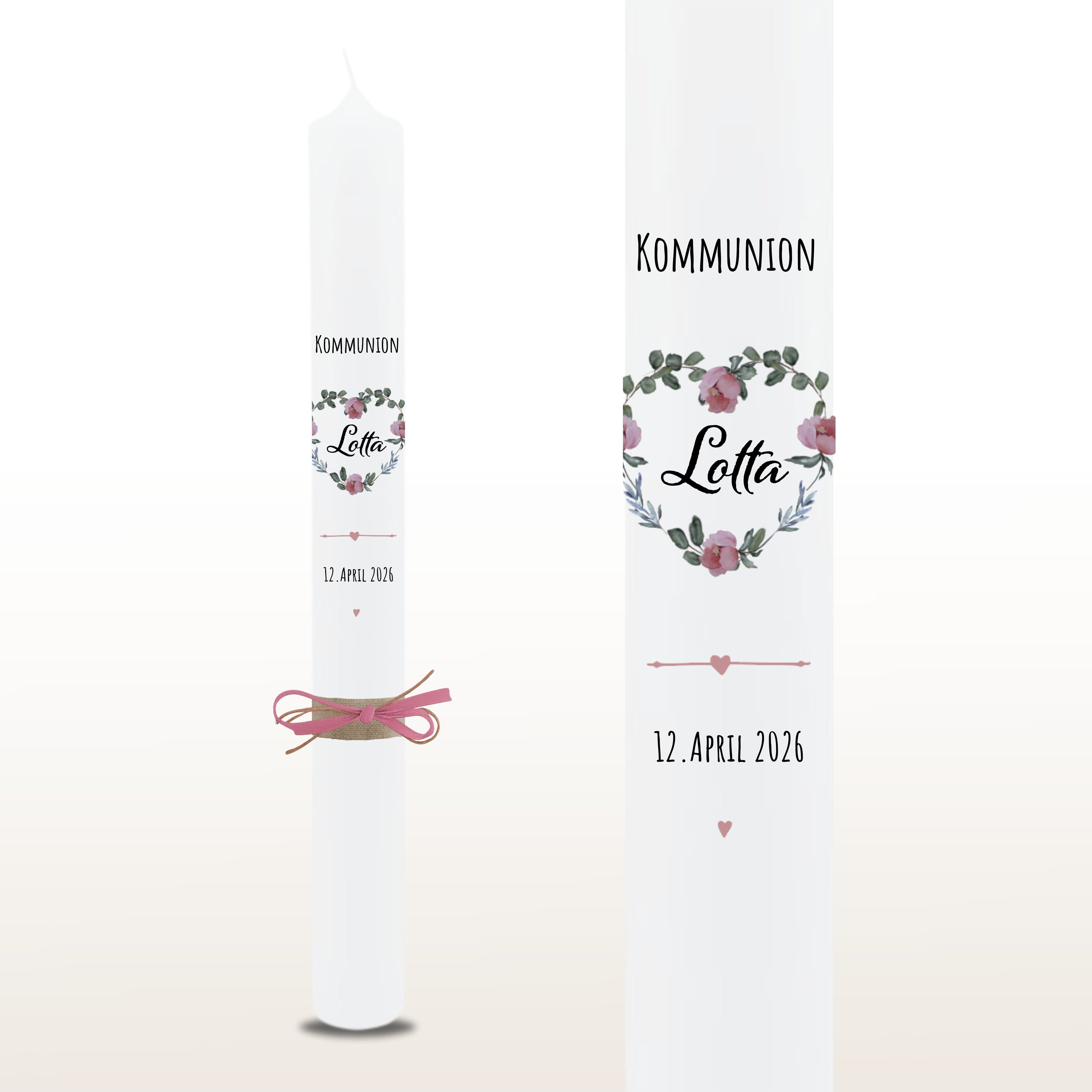 Kommunionkerze Pfingstrosen rosa, personalisiert