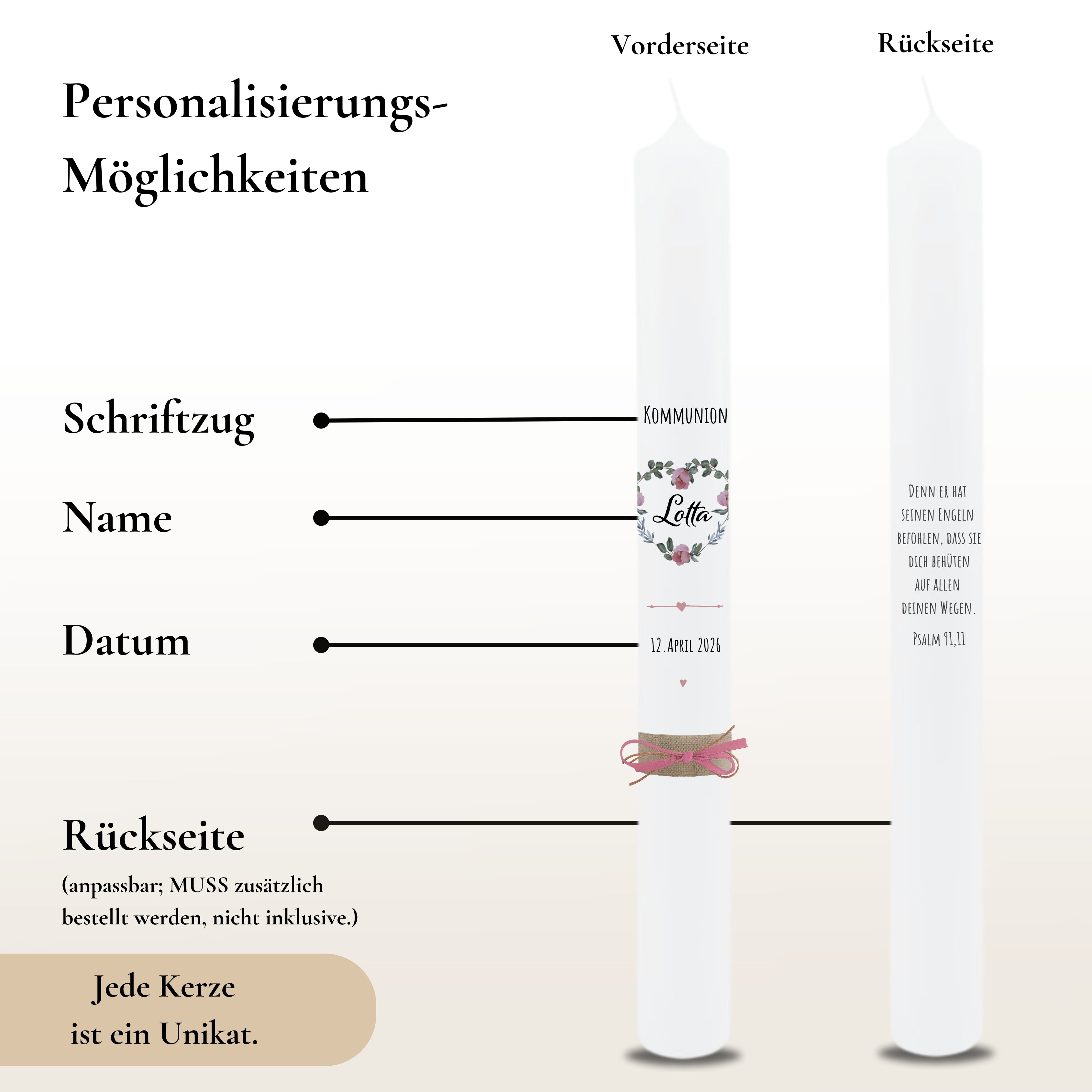 Kommunionkerze Pfingstrosen rosa – Ansicht 3