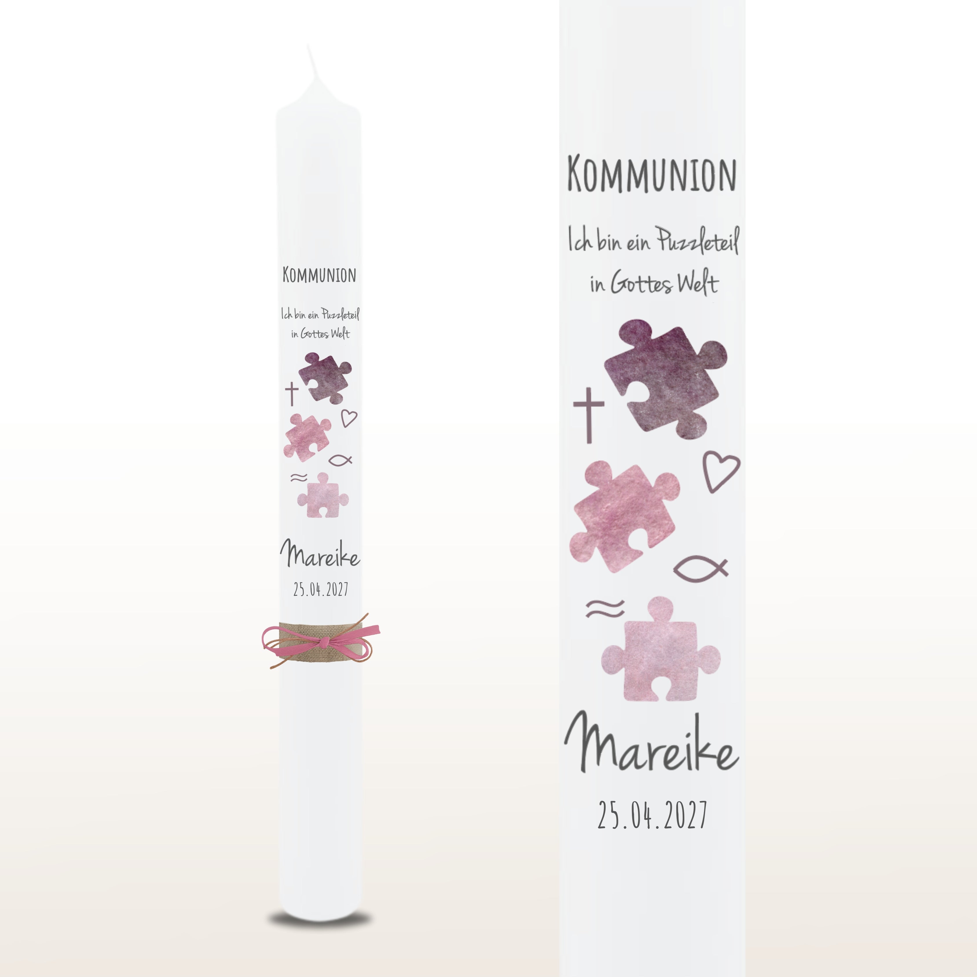 Kommunionkerze Puzzle rosa, personalisiert