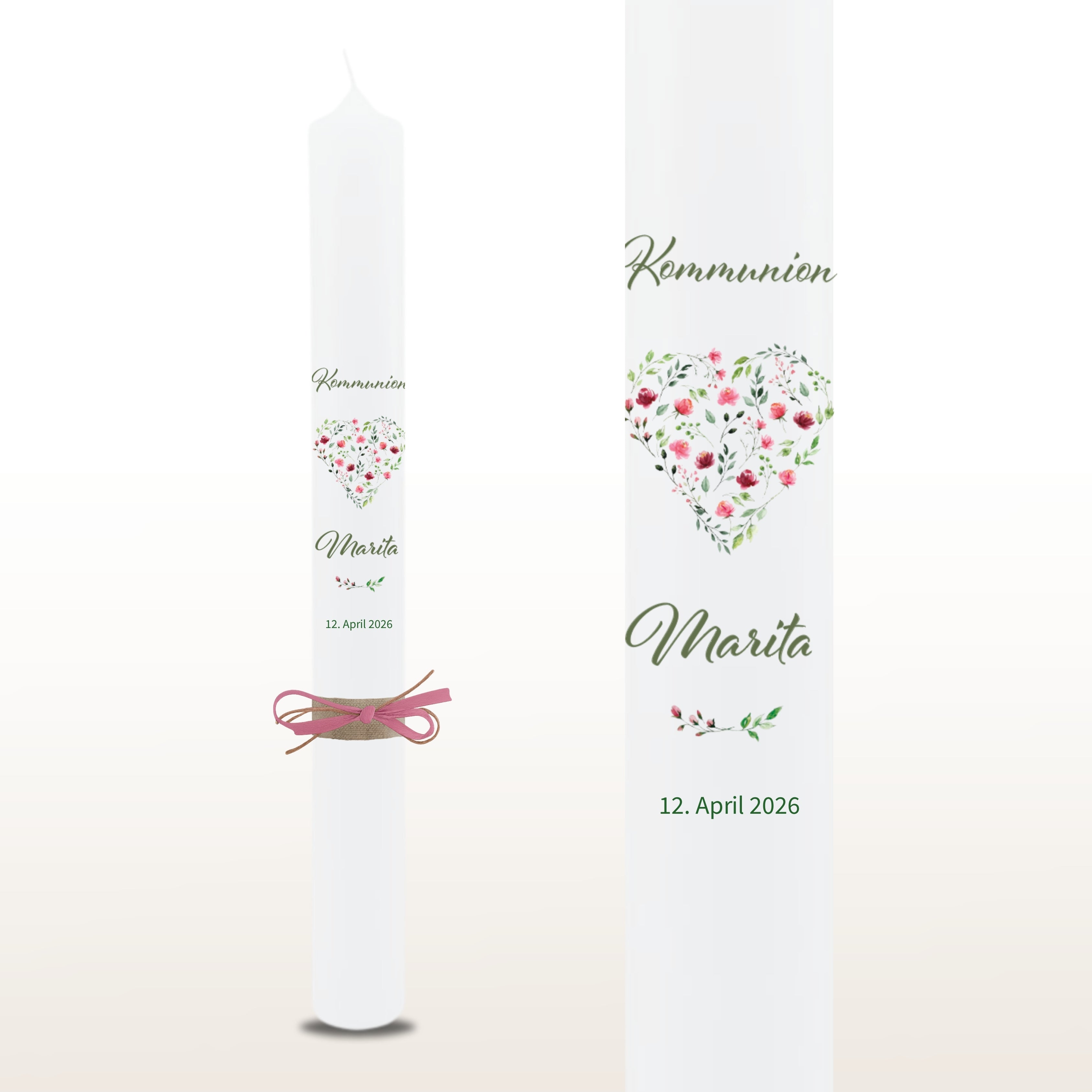 Kommunionkerze Pfingstrosen rosa, personalisiert