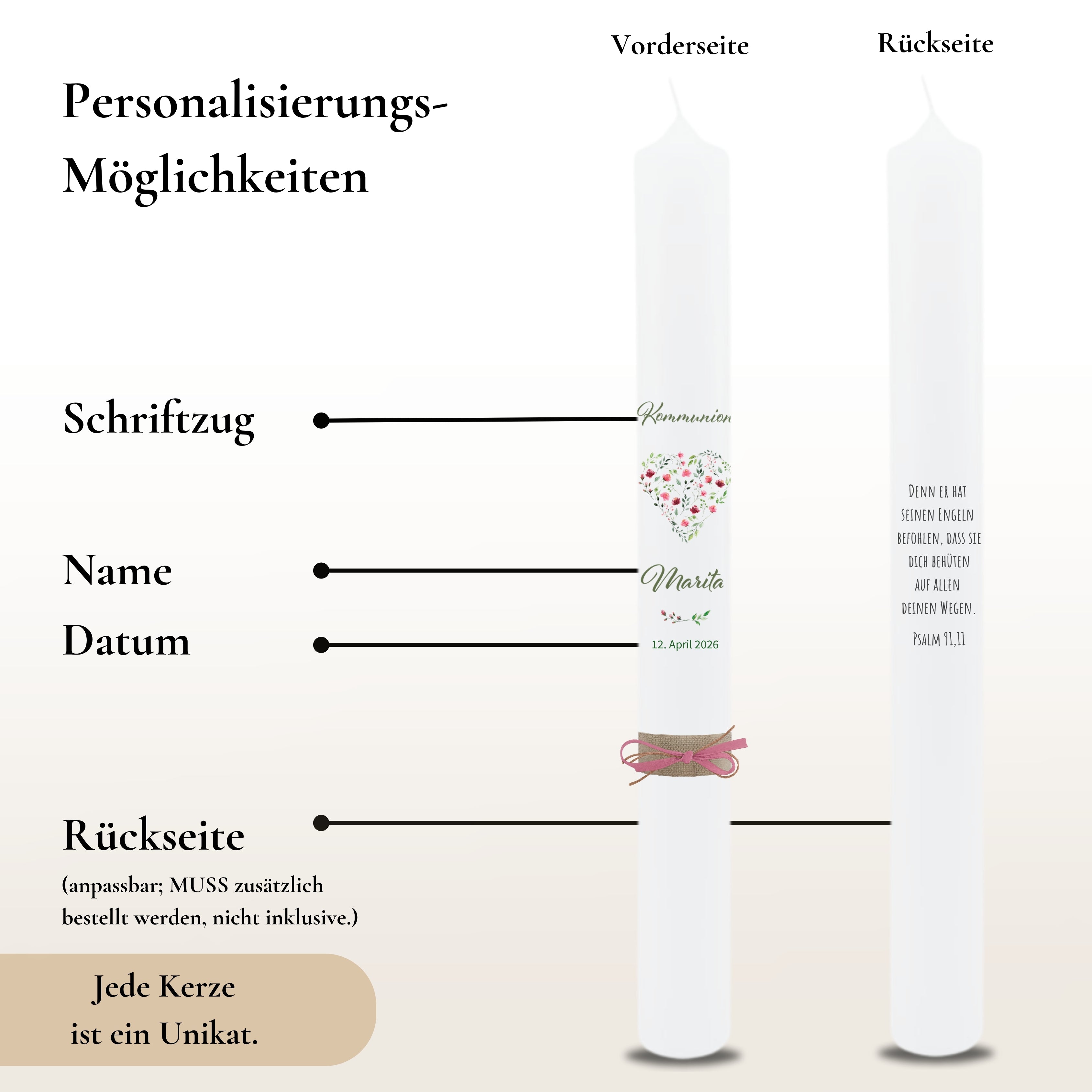 Kommunionkerze Pfingstrosen rosa – Ansicht 3