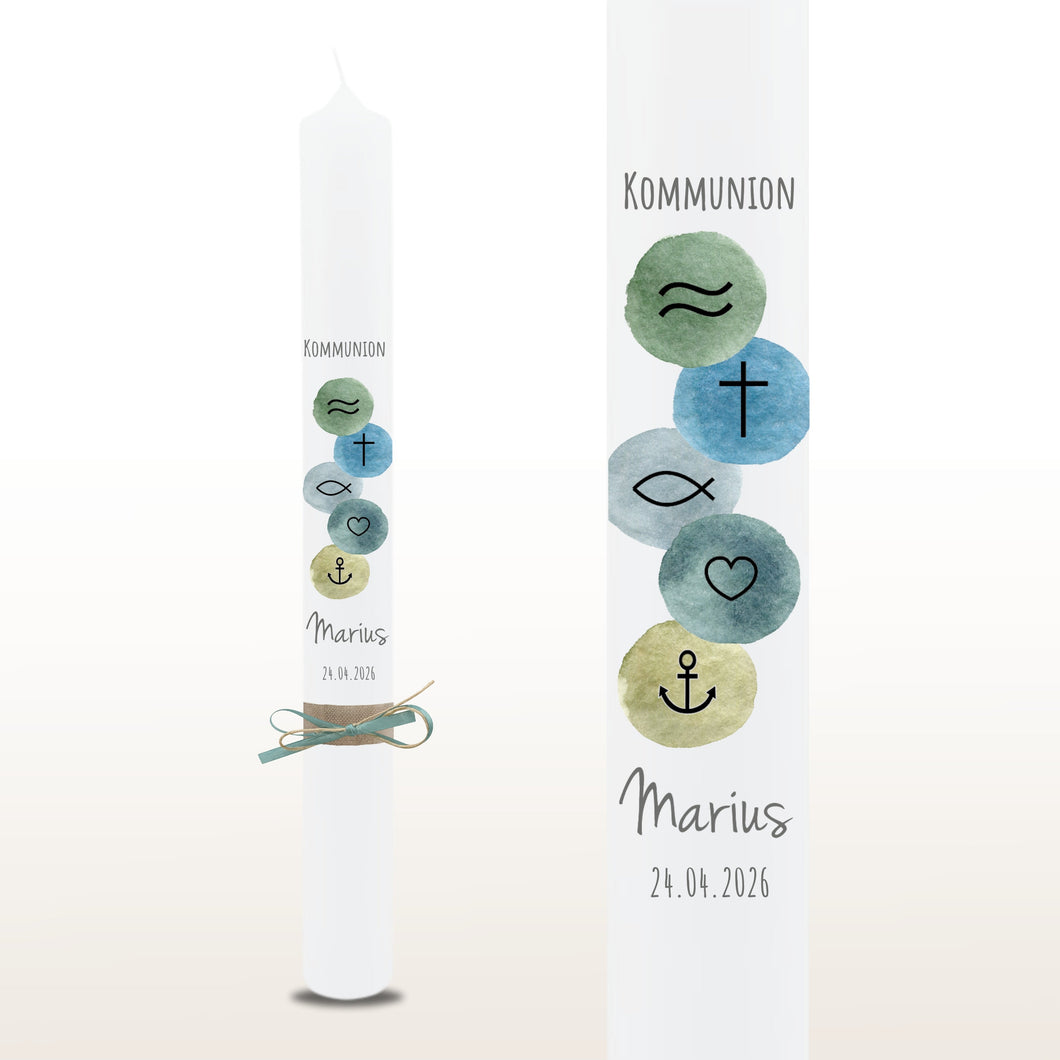 Kommunionkerze “Marius“ christliche Symbole - personalisiert
