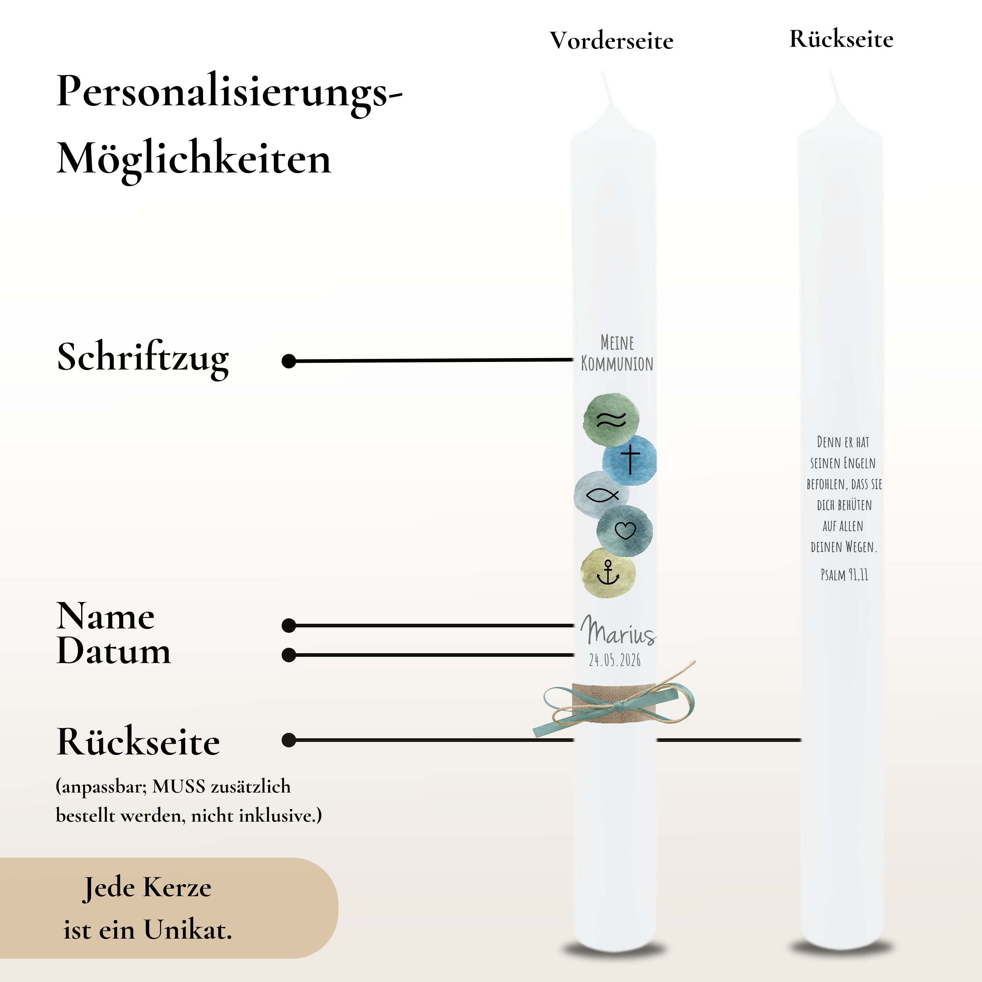 Kommunionkerze Symbole blau – Ansicht 3