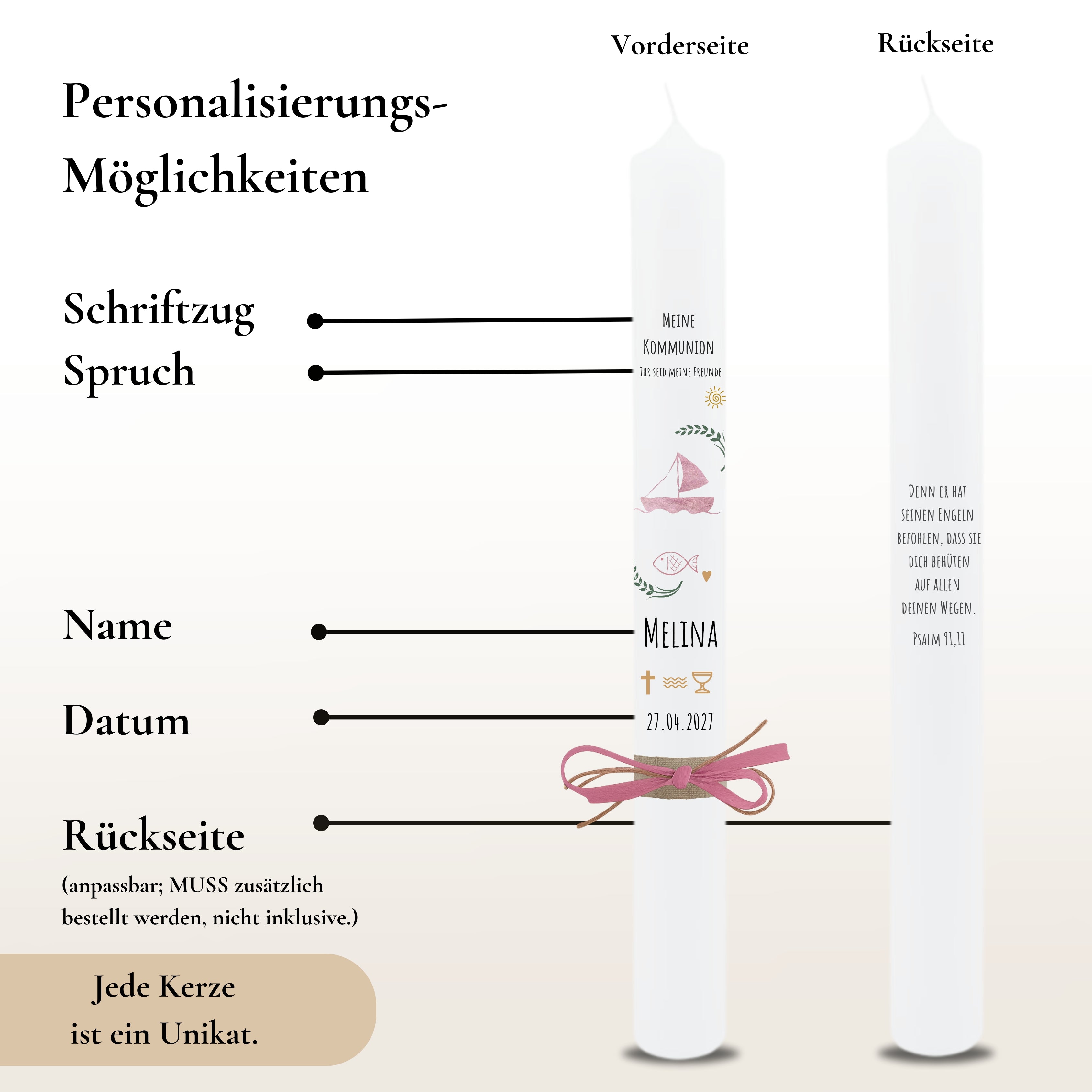 Kommunionkerze Segelboot rosa – Ansicht 3