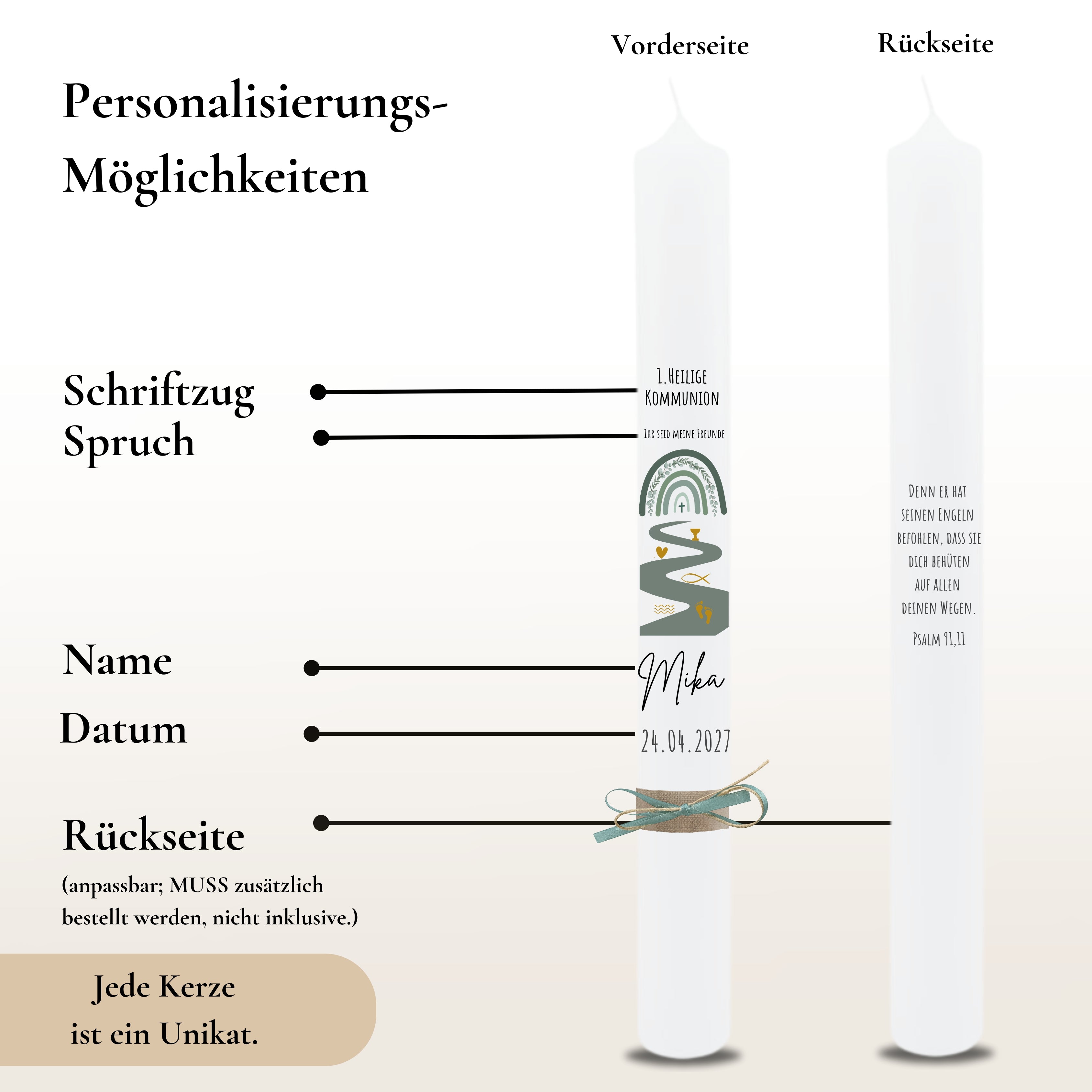 Kommunionkerze Eukalyptus Regenbogen Fluß grau – Ansicht 3