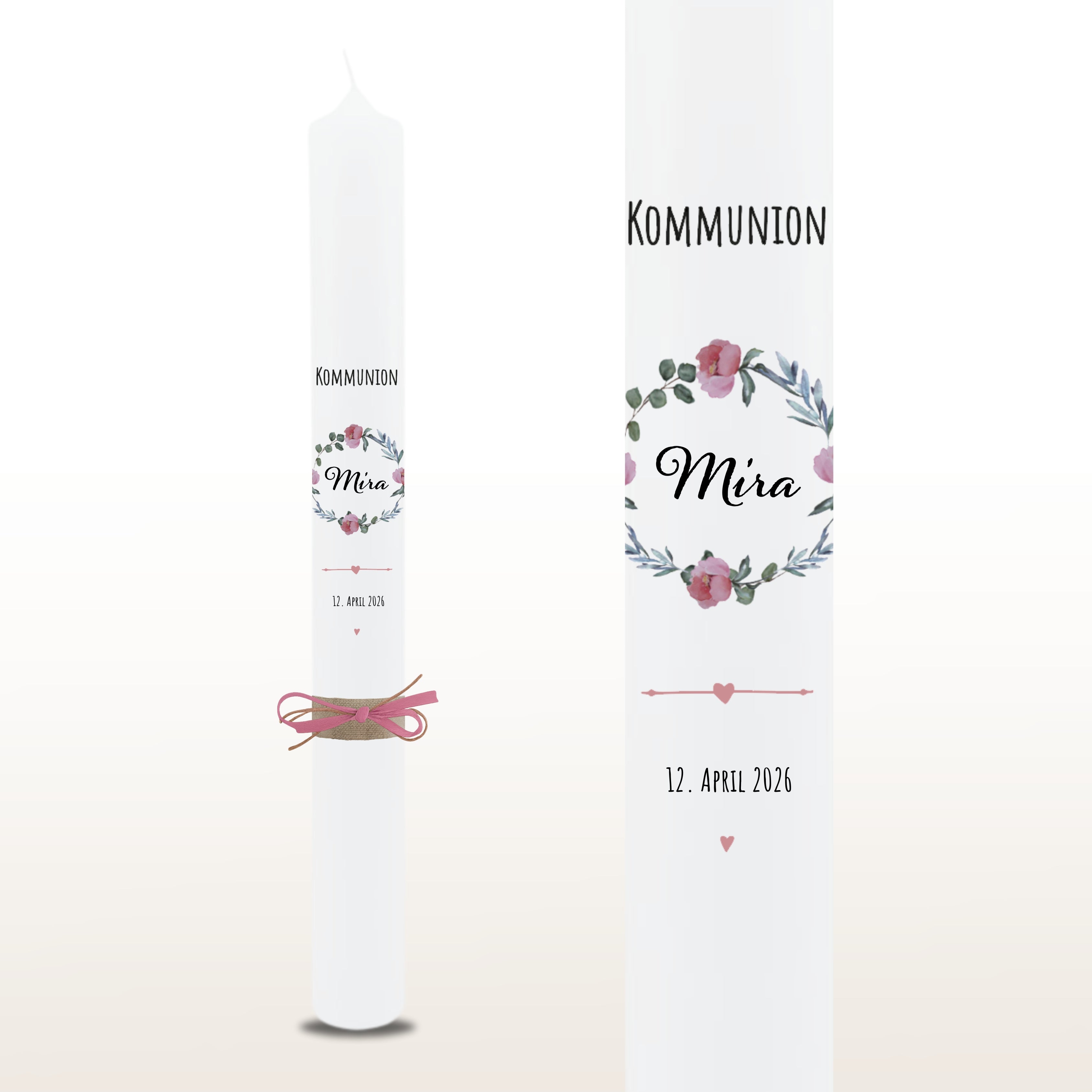 Kommunionkerze Pfingstrosen rosa, personalisiert