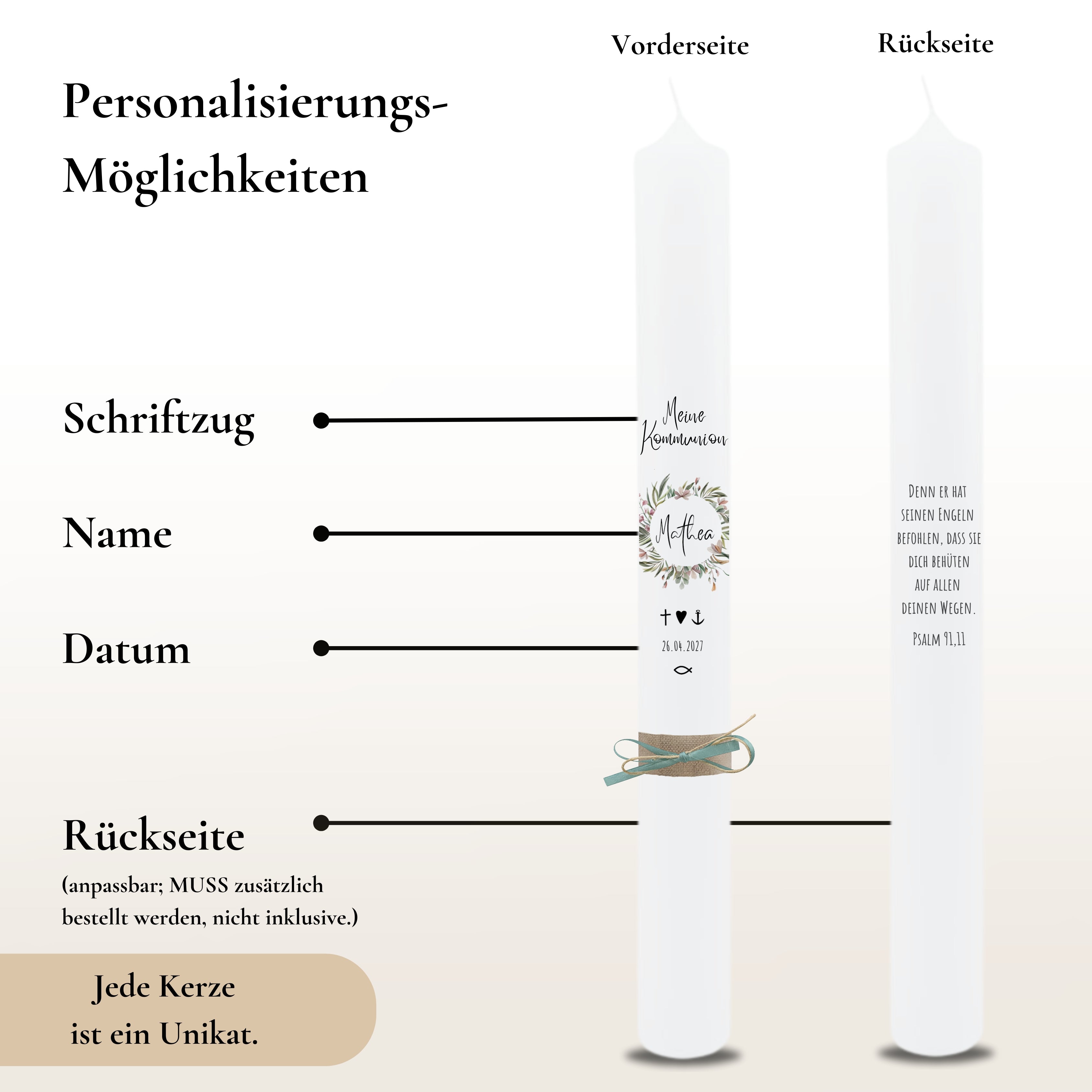 Kommunionkerze Blumenkranz rosa – Ansicht 3
