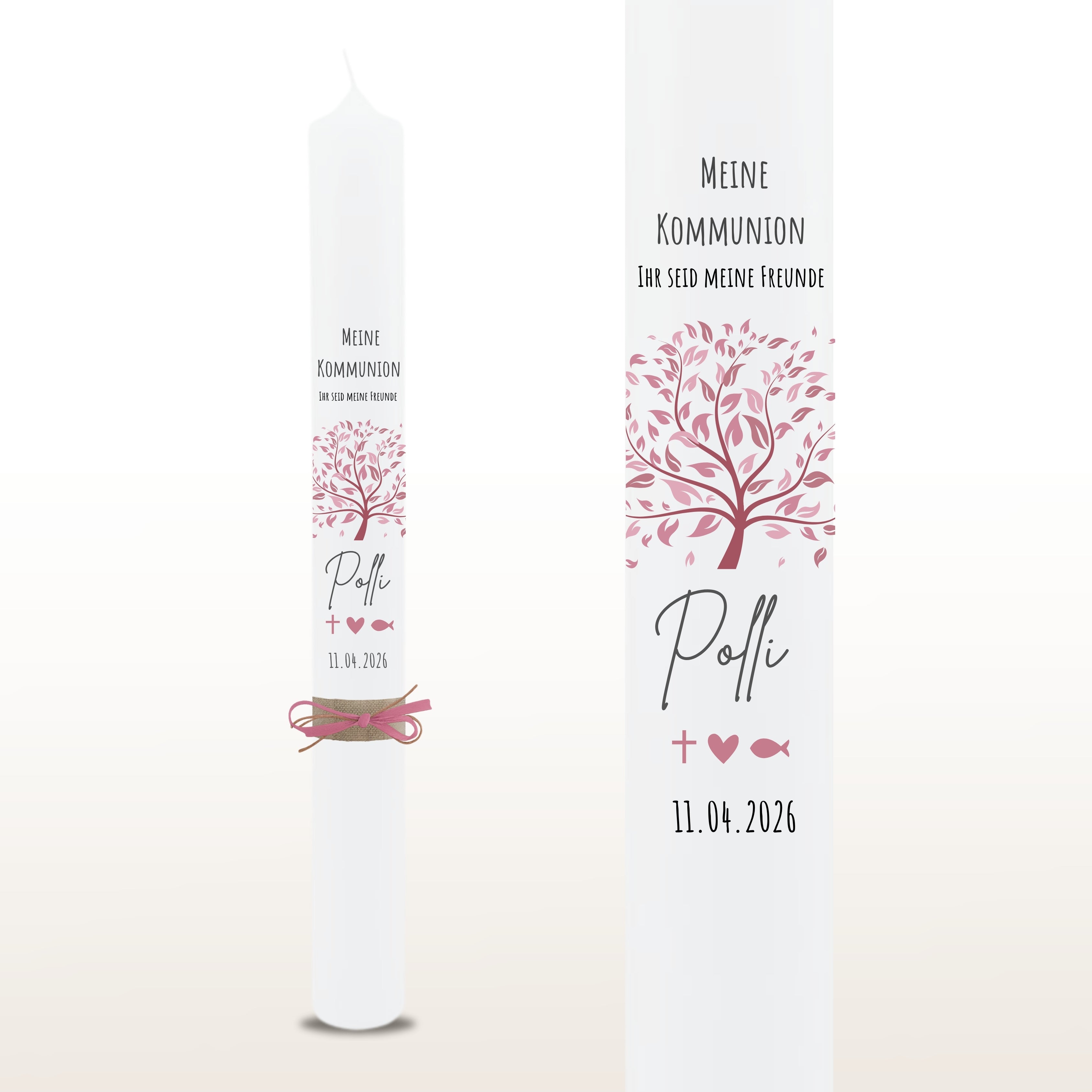 Kommunionkerze Lebensbaum Symbole rosa, personalisiert