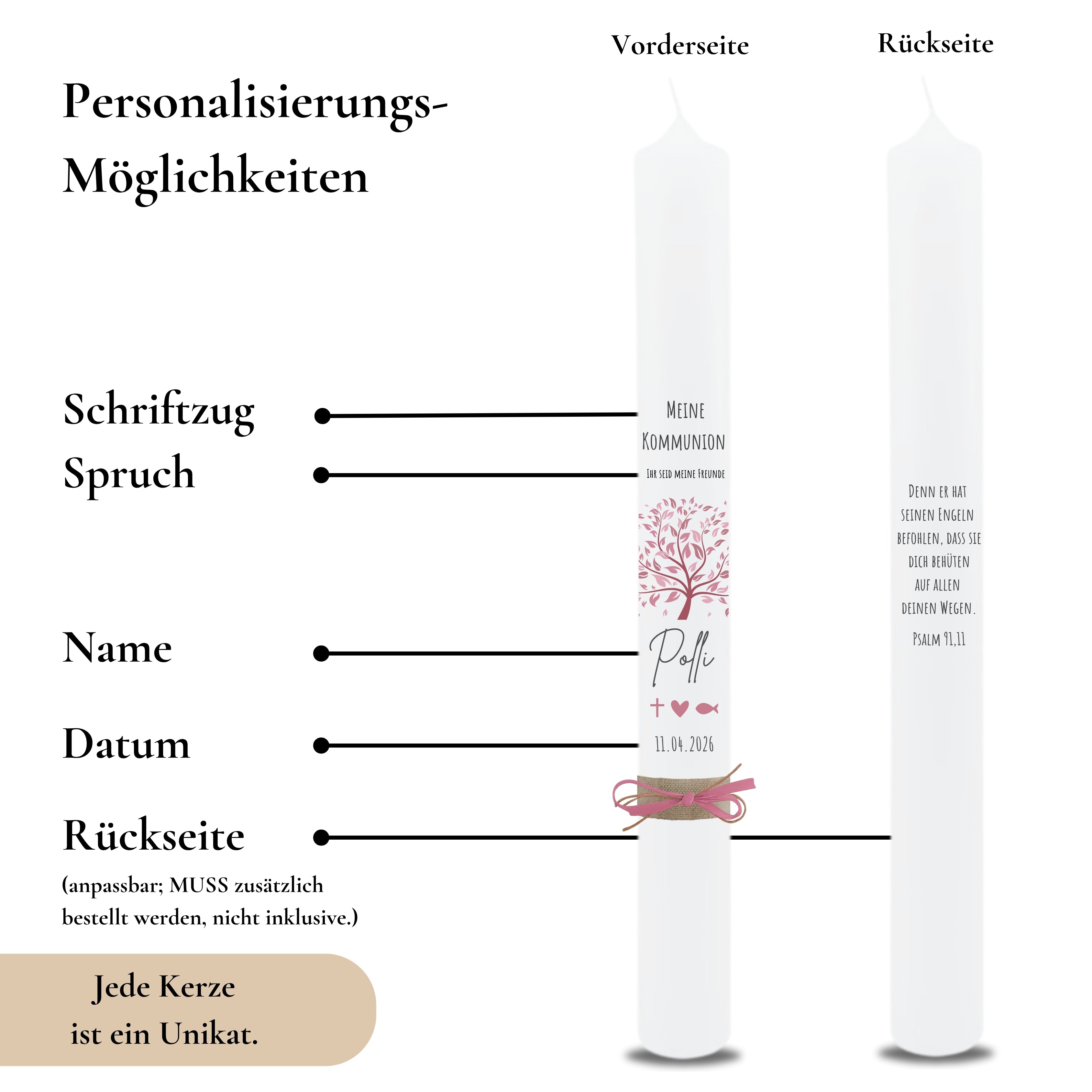 Kommunionkerze Lebensbaum Symbole rosa – Ansicht 3