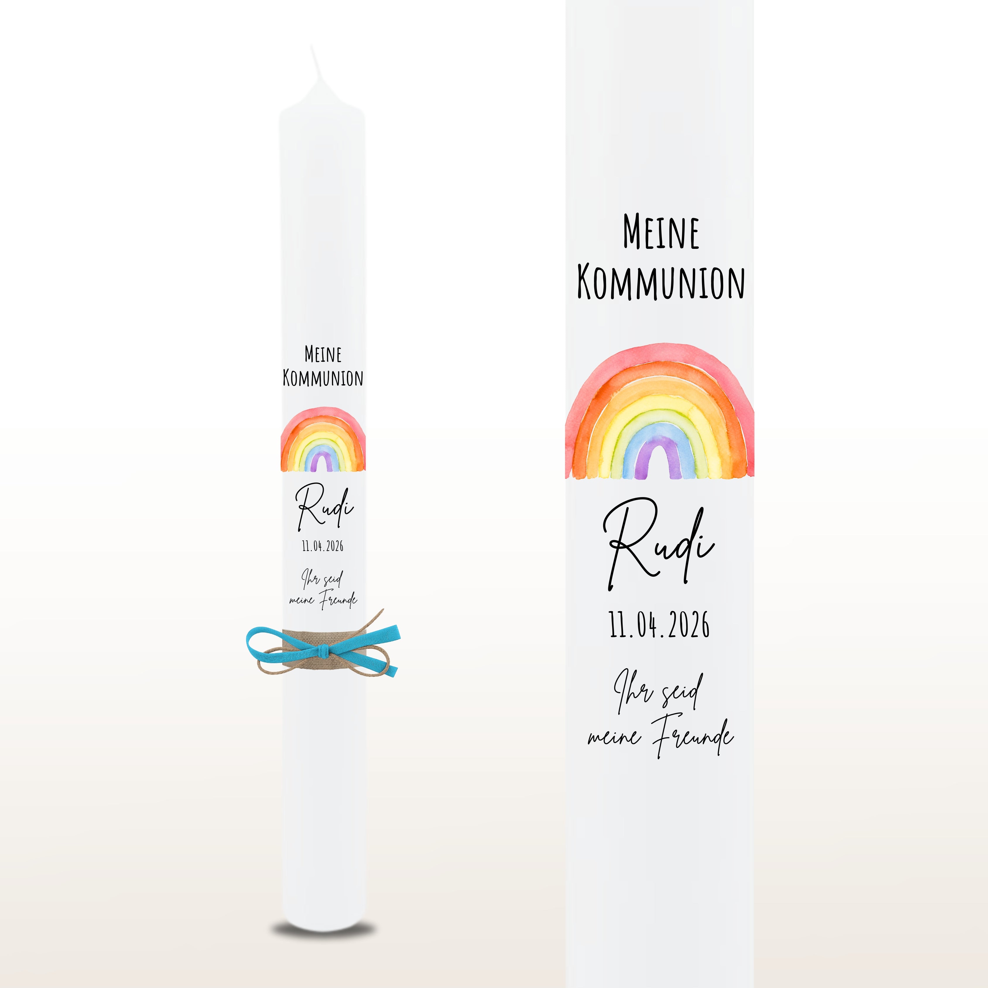 Kommunionkerze Regenbogen grau, personalisiert