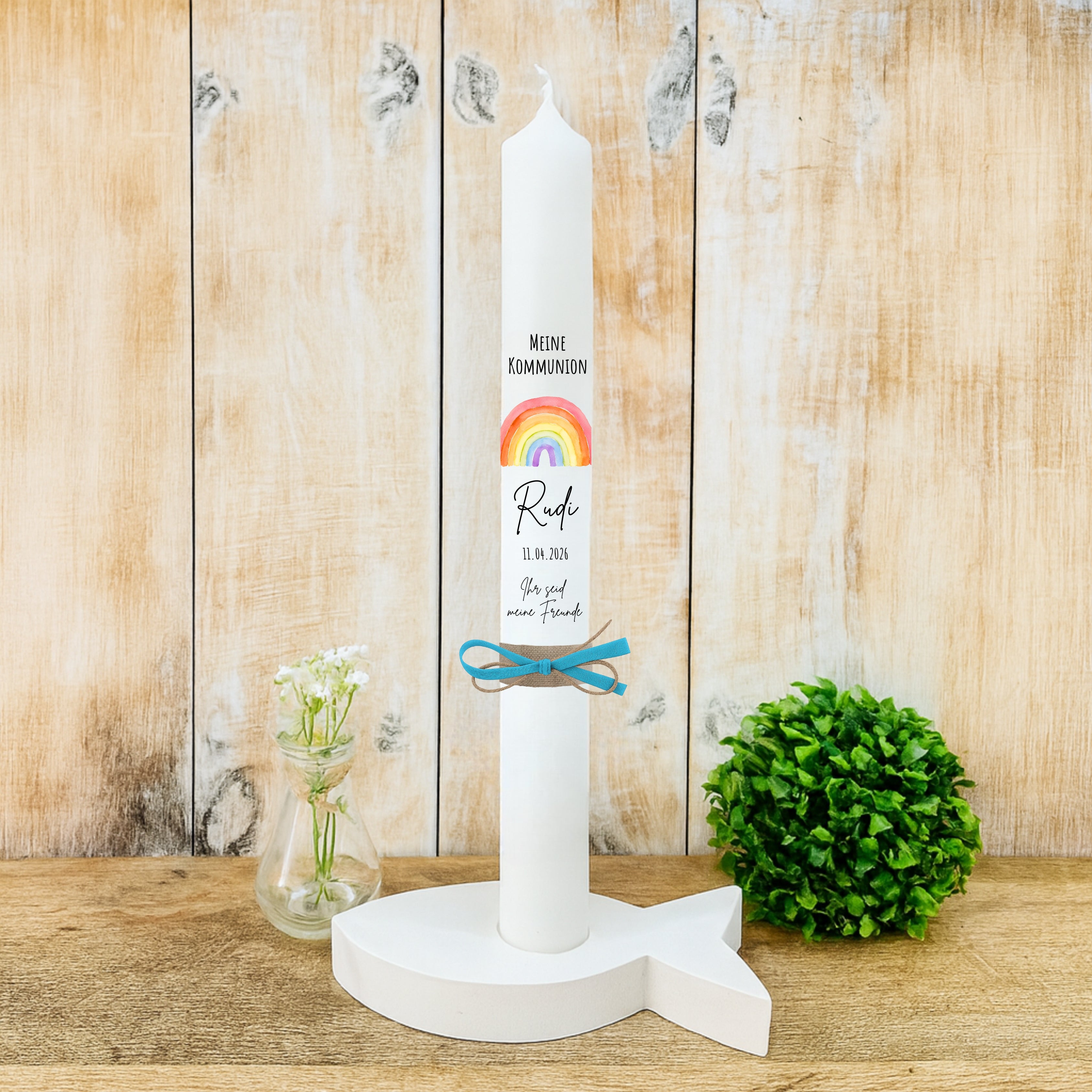 Kommunionkerze Regenbogen grau – Ansicht 2