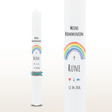 Kommunionkerze Regenbogen bunt, personalisiert
