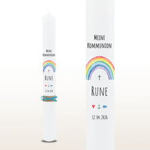 Lade das Bild in den Galerie-Viewer, Kommunionkerze Regenbogen bunt, personalisiert
