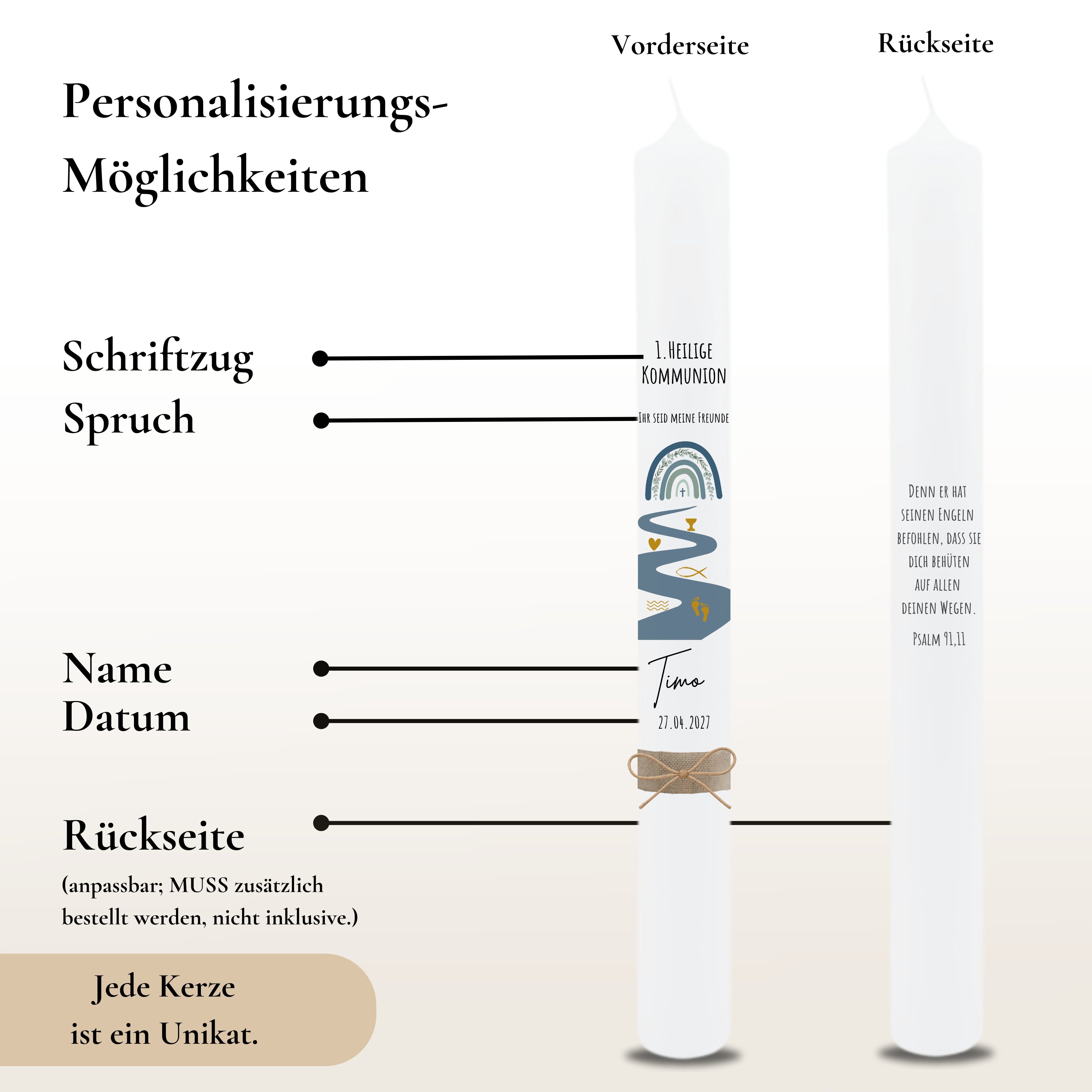 Kommunionkerze Eukalyptus Regenbogen Fluß grau – Ansicht 3