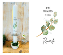 Lade das Bild in den Galerie-Viewer, Kommunionkerze &quot;Ricarda&quot; Eukalyptus - personalisiert
