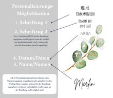 Lade das Bild in den Galerie-Viewer, Kommunionkerze &quot; Kommt her und esst- Eukalyptus Merlin&quot; - personalisiert
