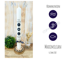 Lade das Bild in den Galerie-Viewer, Kommunionkerze “Maxim“ christliche Symbole - personalisiert

