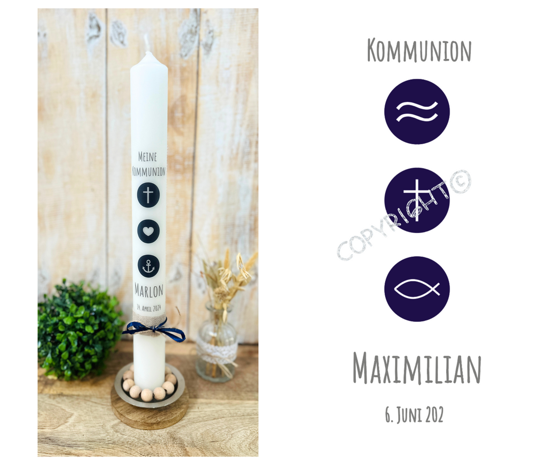 Kommunionkerze “Maxim“ christliche Symbole - personalisiert