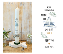 Lade das Bild in den Galerie-Viewer, Kommunionkerze &quot; Kommt her und esst-Kirsten&quot; - personalisiert

