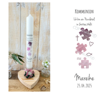 Load image into Gallery viewer, Kommunionkerze &quot; Ich bin ein Puzzleteil in Gottes Welt - Mareike &quot; - personalisiert
