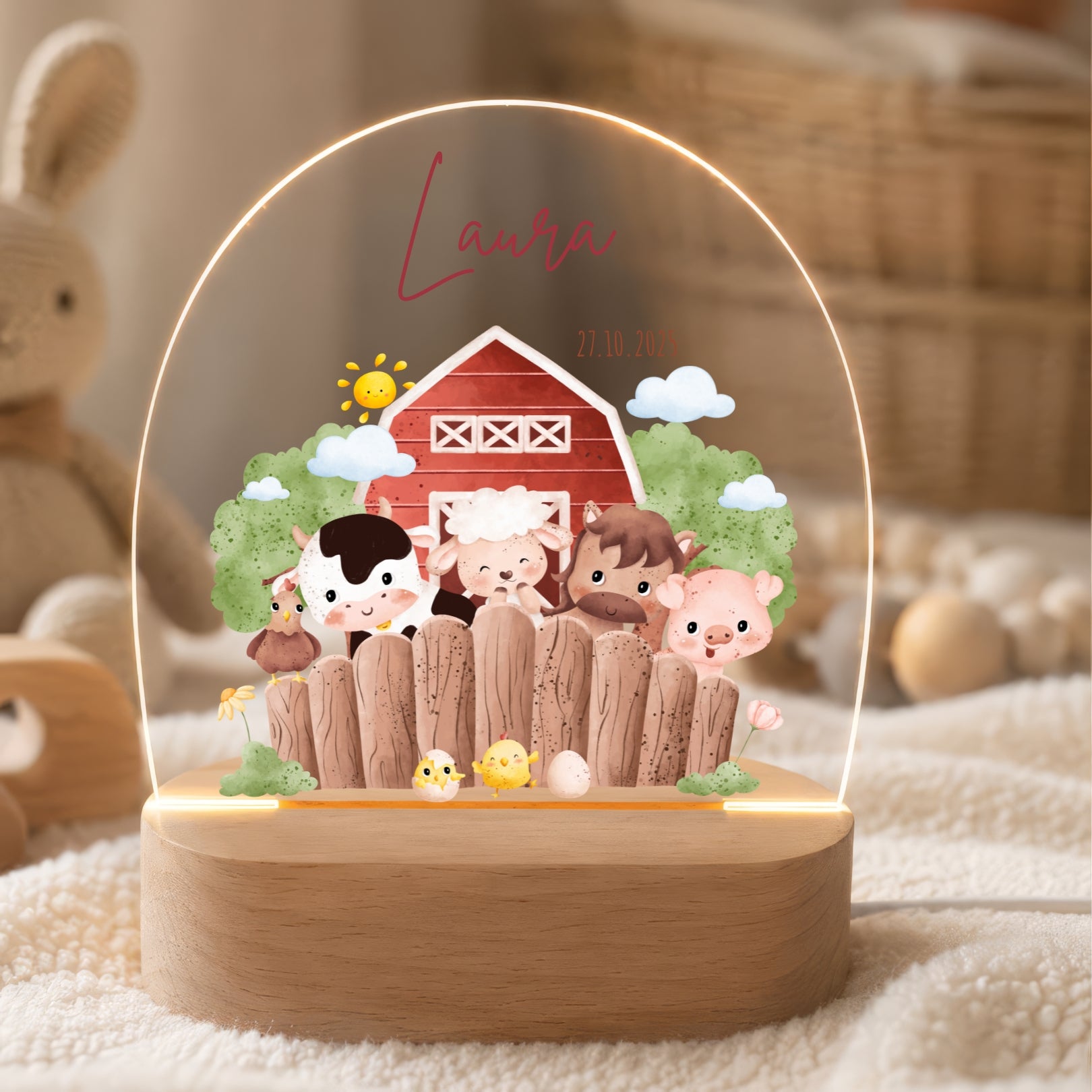 LED-Nachtlicht für Kinder mit Motiv Bauernhof, personalisiert
