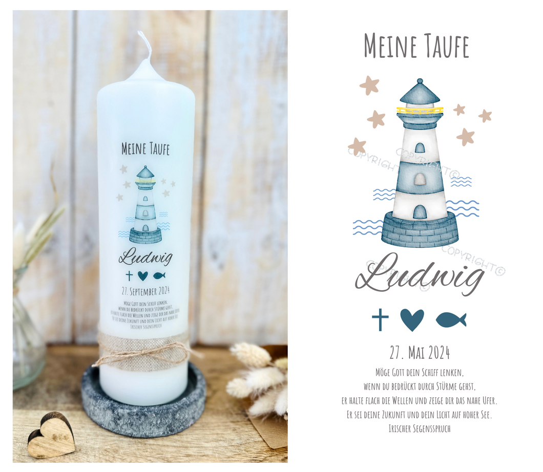 Taufkerze / Konfirmationskerze “Ludwig“ Leuchtturm - personalisiert