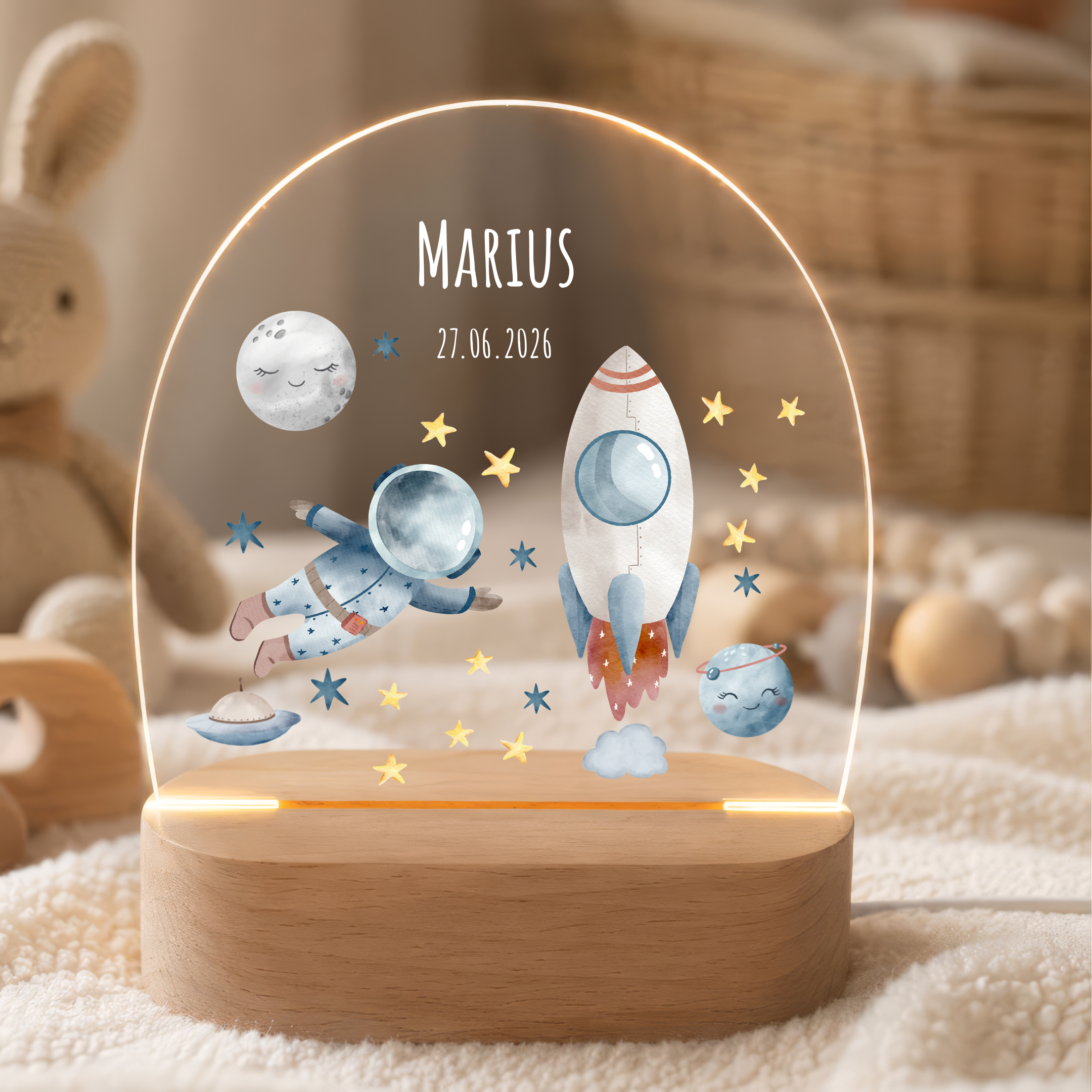 LED-Nachtlicht für Kinder mit Motiv Rakete, personalisiert