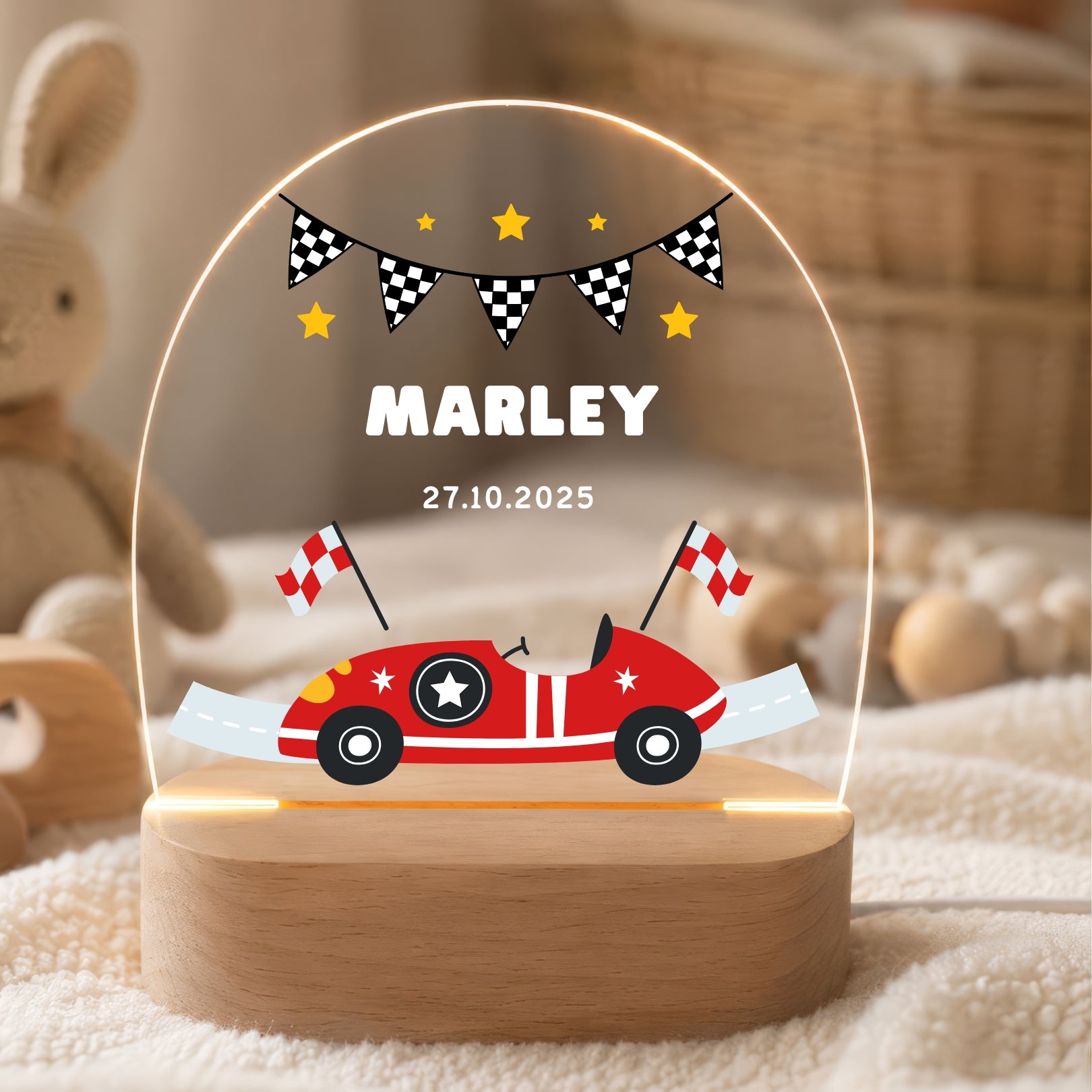 LED-Nachtlicht für Kinder mit Motiv Rennwagen, personalisiert