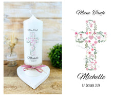 Lade das Bild in den Galerie-Viewer, Taufkerze &quot;Michelle&quot; Kreuz christliche Symbole - personalisiert
