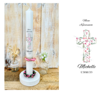 Lade das Bild in den Galerie-Viewer, Kommunionkerze &quot;Michelle&quot; Kreuz | christliche Symbole | Rosa - personalisiert
