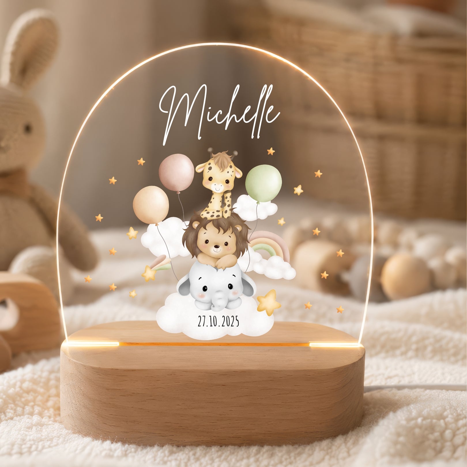 LED-Nachtlicht für Kinder mit Motiv Giraffe, Löwe, Elefant, personalisiert