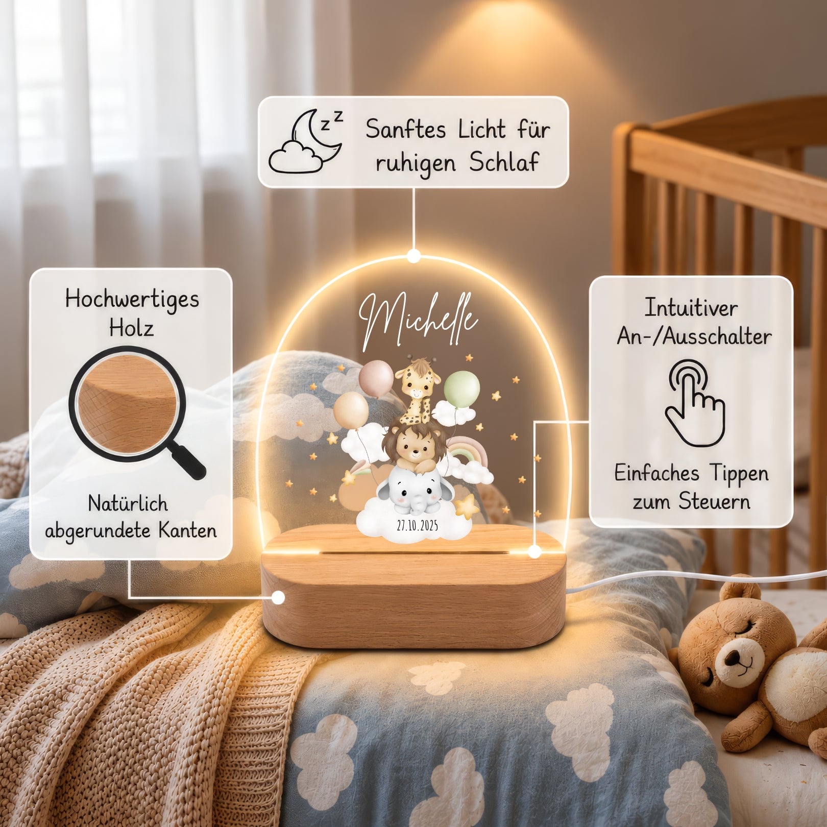 LED-Nachtlicht für Kinder mit Motiv Giraffe, Löwe, Elefant – Ansicht 6