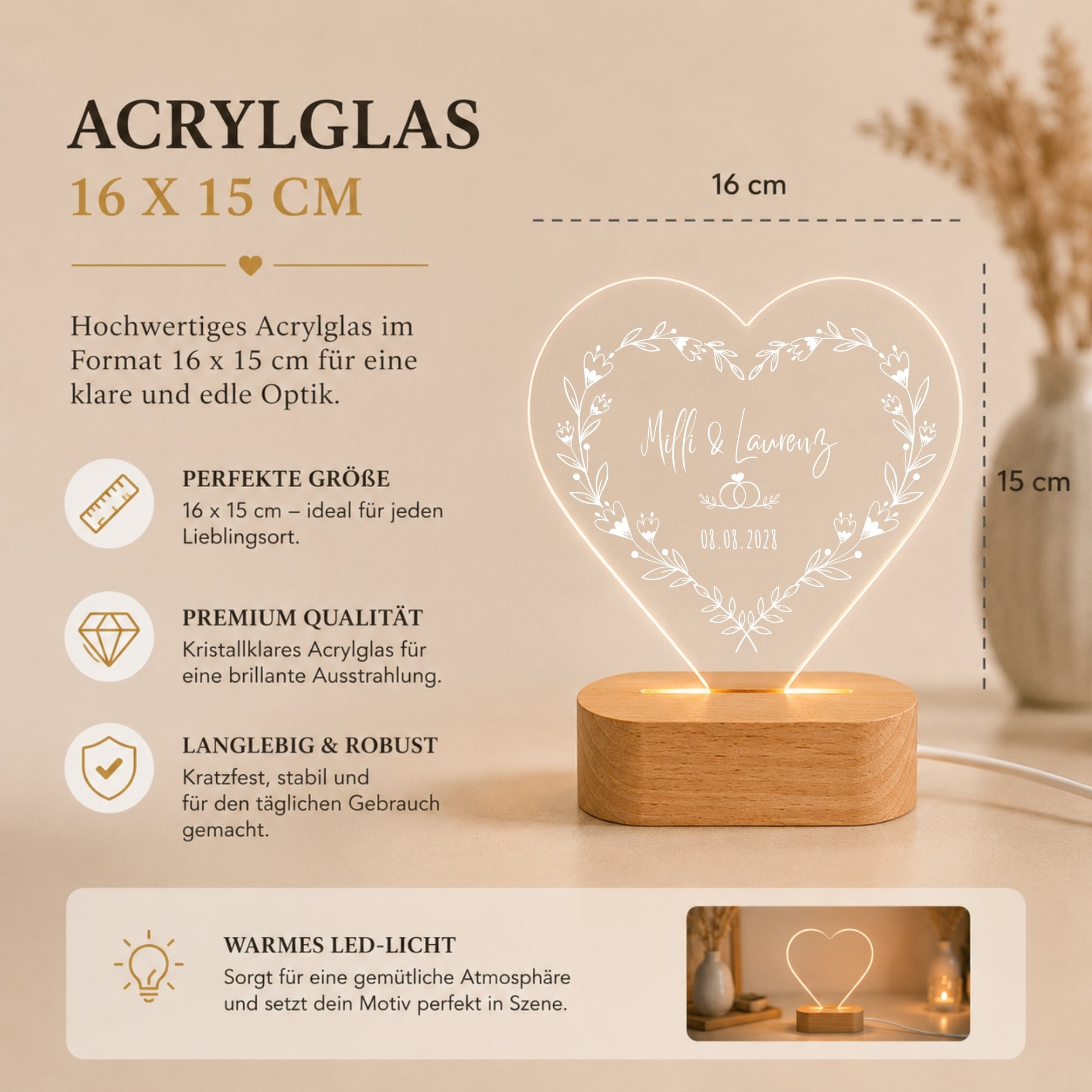 LED-Nachtlicht in Herzform mit Motiv Blumenherz – Ansicht 3