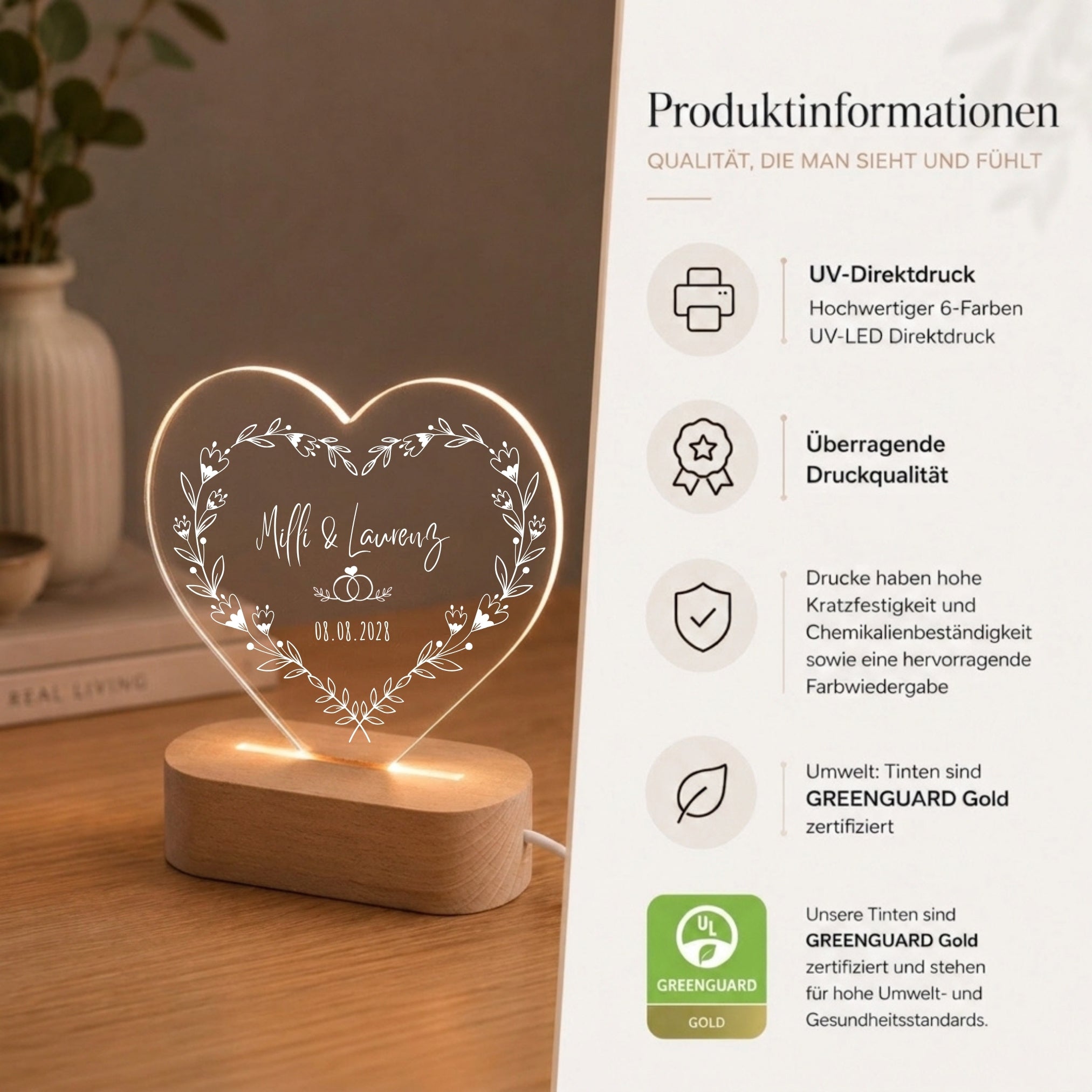 LED-Nachtlicht in Herzform mit Motiv Blumenherz – Ansicht 6