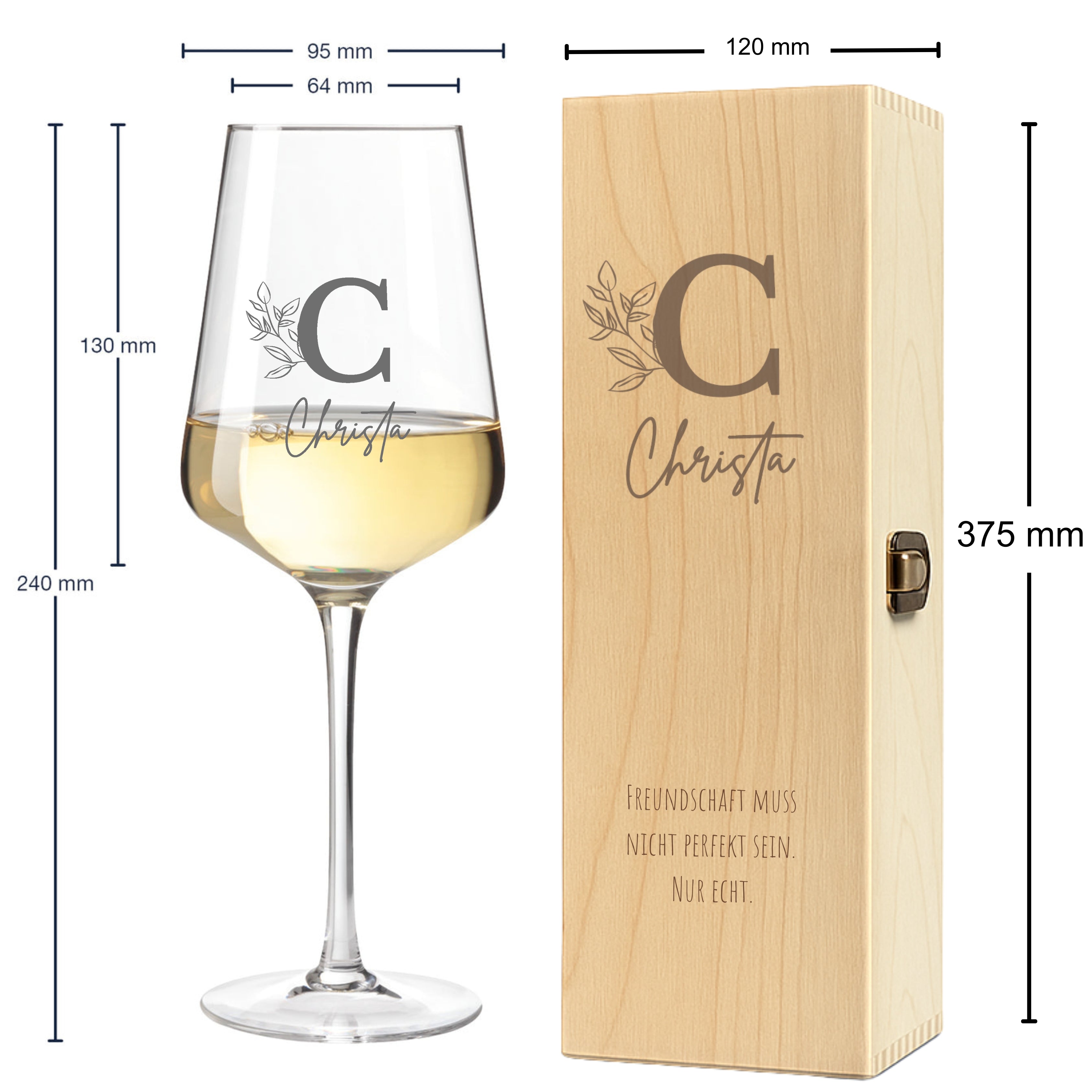 Weißweinglas mit Holzkiste mit Gravur Monogramm – Ansicht 3