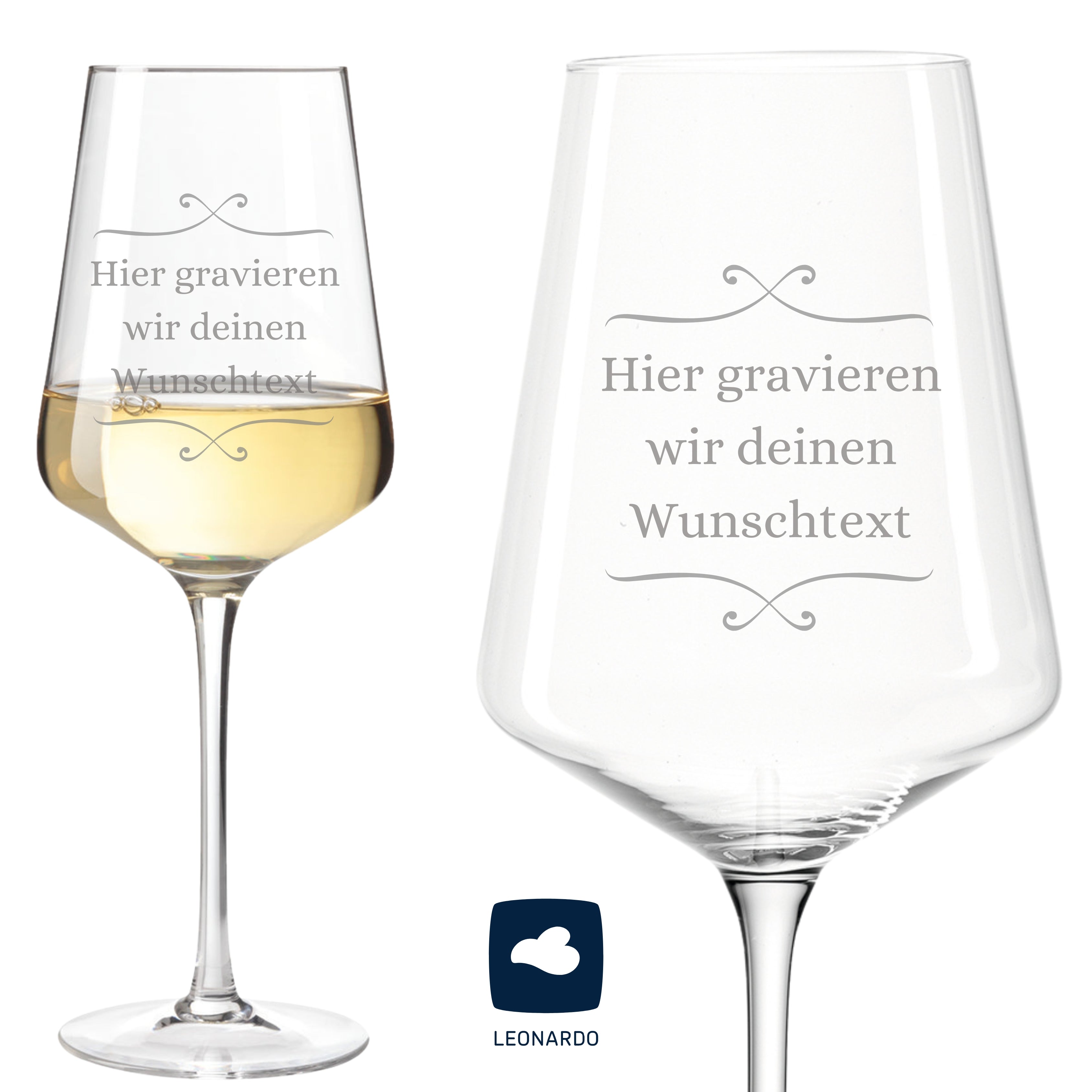Weißweinglas mit Holzkiste mit Gravur Wunschtext – Ansicht 2